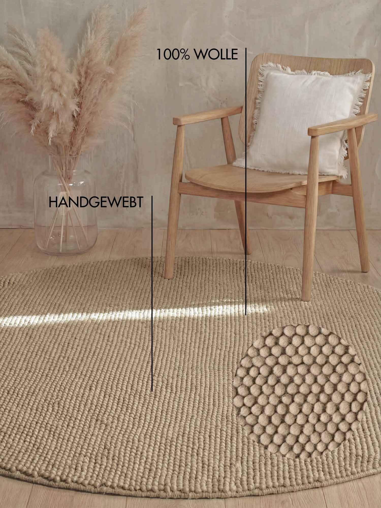 Ted Baker Wollteppich »Diana« rund 16 mm Höhe Wolle, Natur, Handgemacht, Wohnzimmer, Esszimmer, Schlafzimmer, Skandi