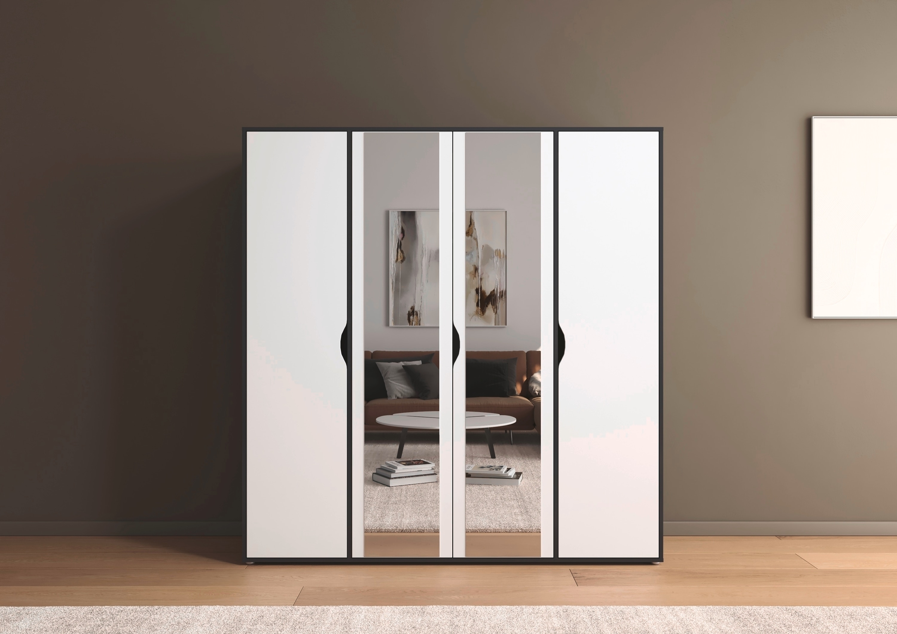 rauch Drehtürenschrank "Kleiderschrank Schrank Garderobe Wäscheschrank NARAI mit Spiegel" in 3 verschiedenen Ausstattungen BASIC/CLASSIC/PREMIUM, Griffausfräsungen für eine grifflose Optik TOPSELLER MADE IN GERMANY