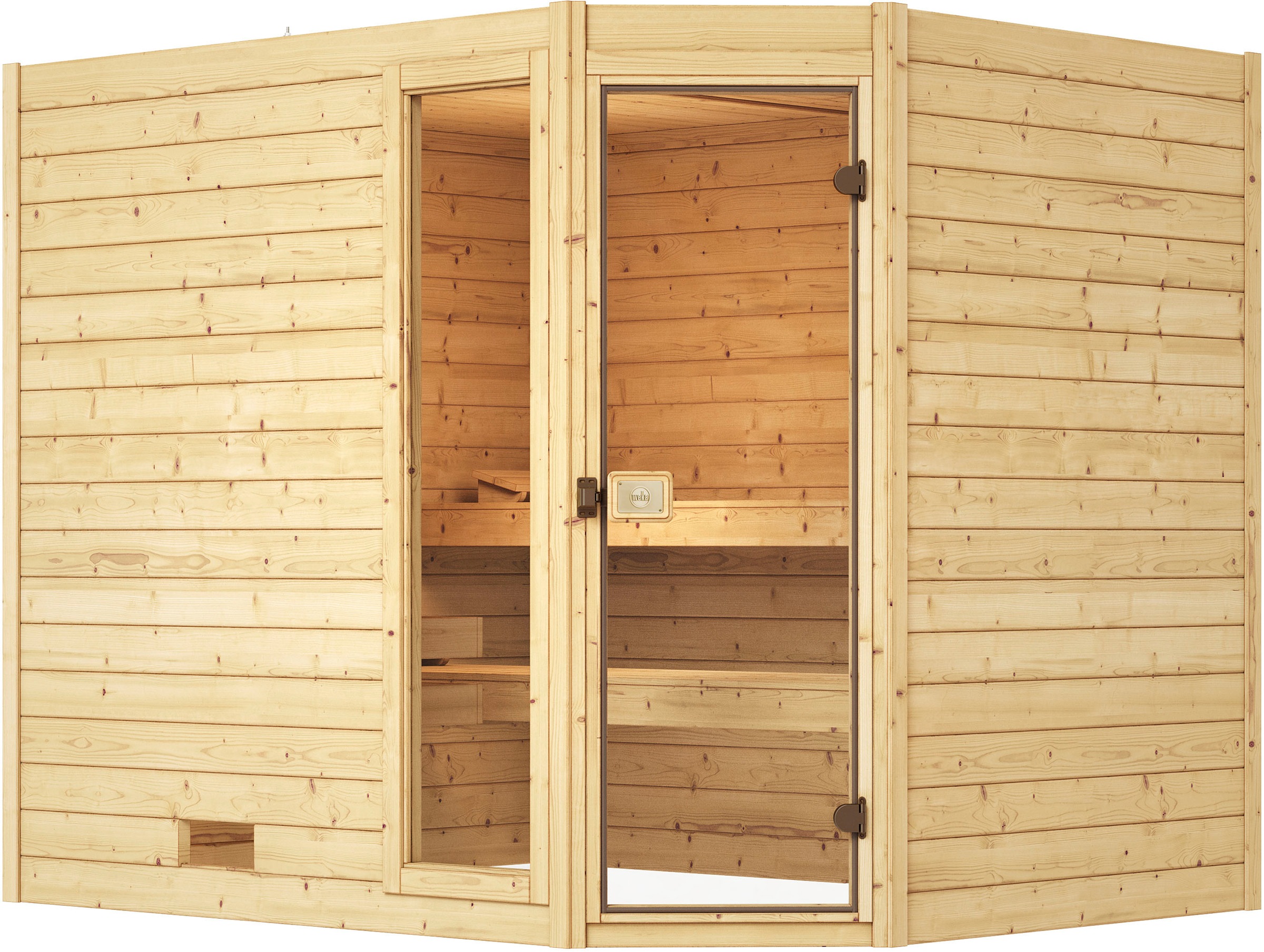 weka Sauna "Massivholzsauna VALIDA Eck 3", Blockbohlen, Fensterlement, moderne Ganzglastür