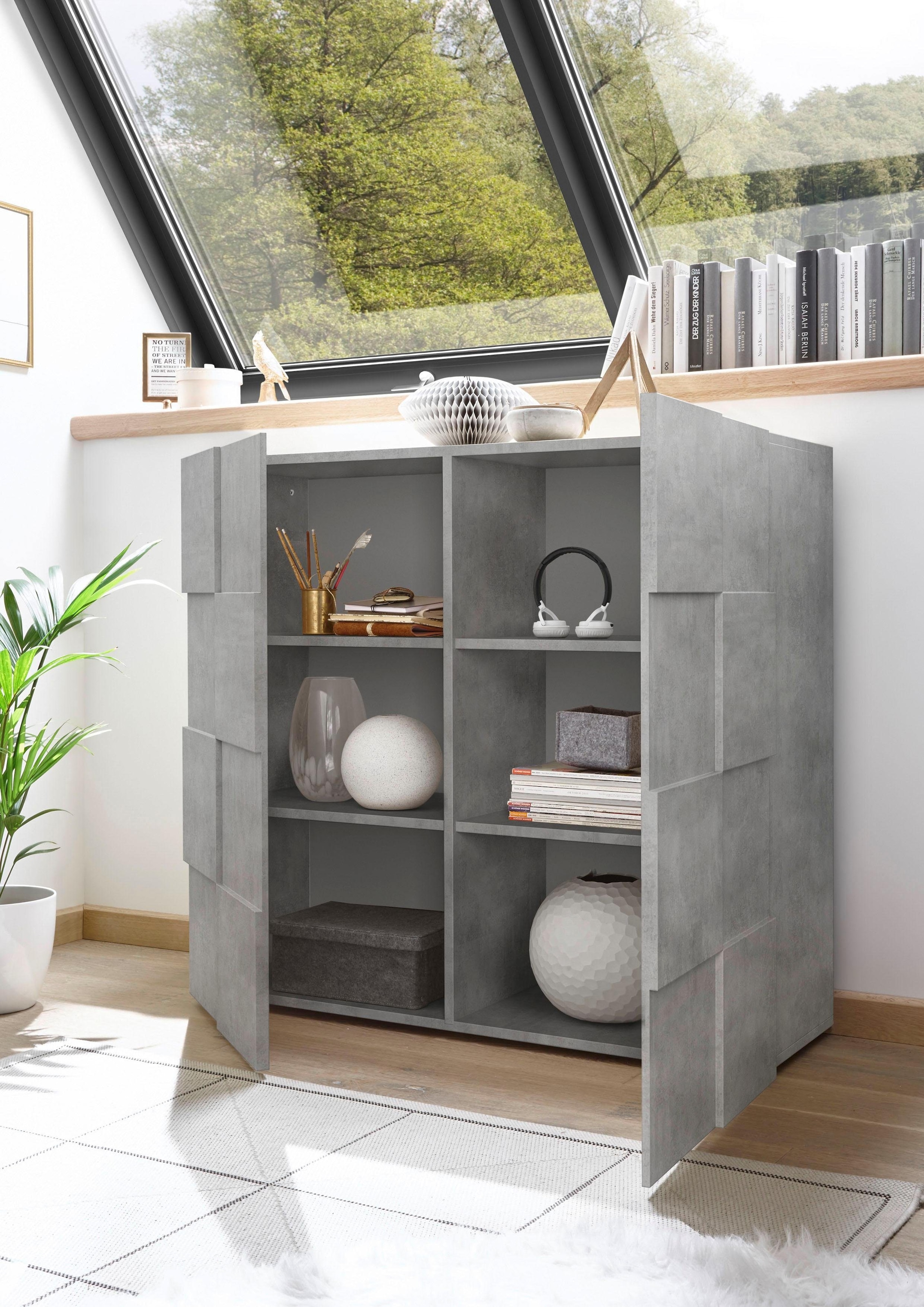 INOSIGN Highboard »Dama Höhe 111 cm, Breite 121 cm, Kommode 2 Türen, Hochkommode«, Front in 3D-Optik, viel Stauraum, verschiedene Farben