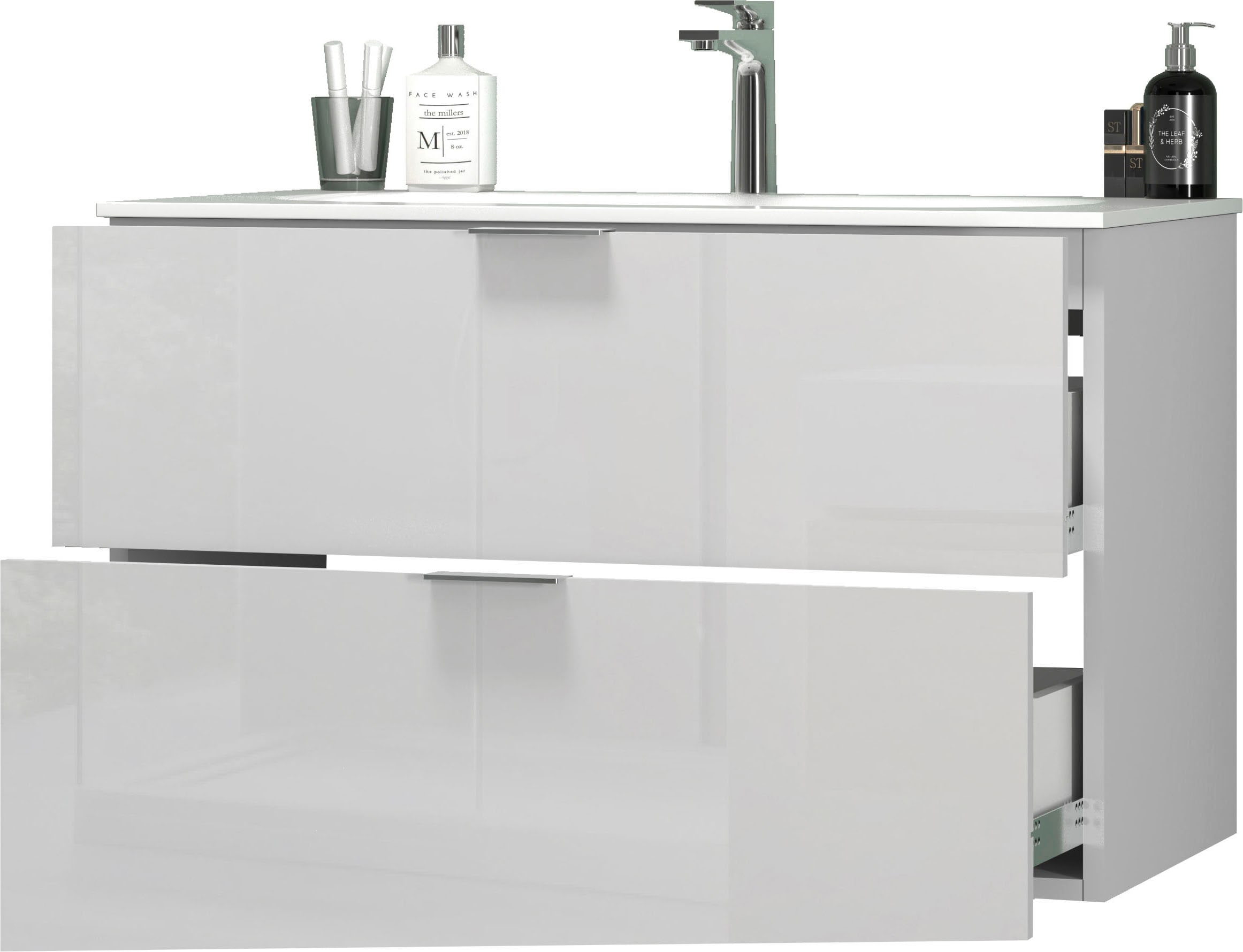 welltime Waschtisch »VELA, 82,3 cm breit, Hochglanz-Schubladen, Made in Italy« 1 Stk. tlg. Waschtischunterschrank, inkl. Waschbecken, schräge Design-Schublade
