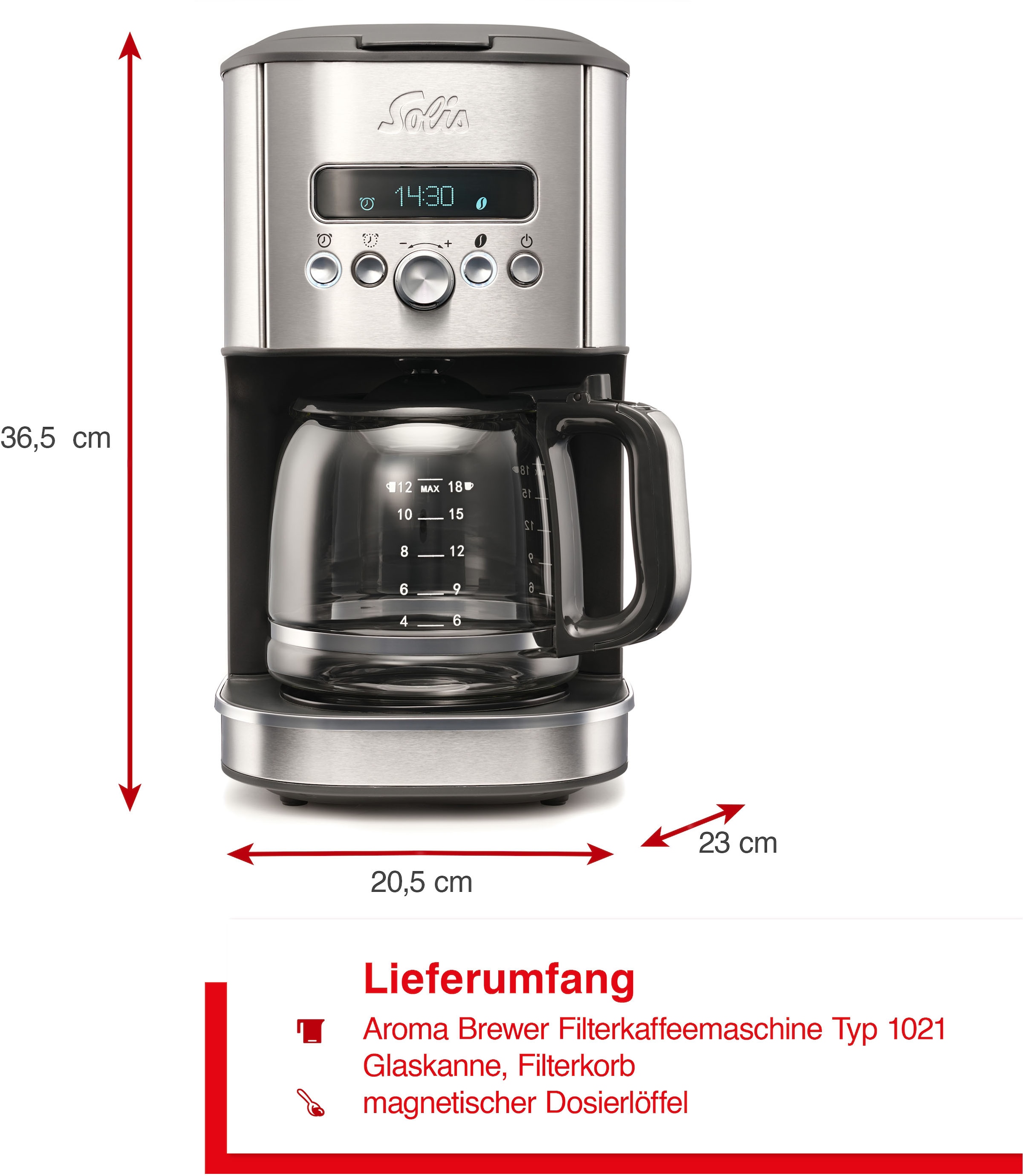 SOLIS OF SWITZERLAND Filterkaffeemaschine »Aroma Brewer (Typ 1021)«, 1,8 l Kaffeekanne, Papierfilter-Permanentfilter, mit Warmhaltefunktion