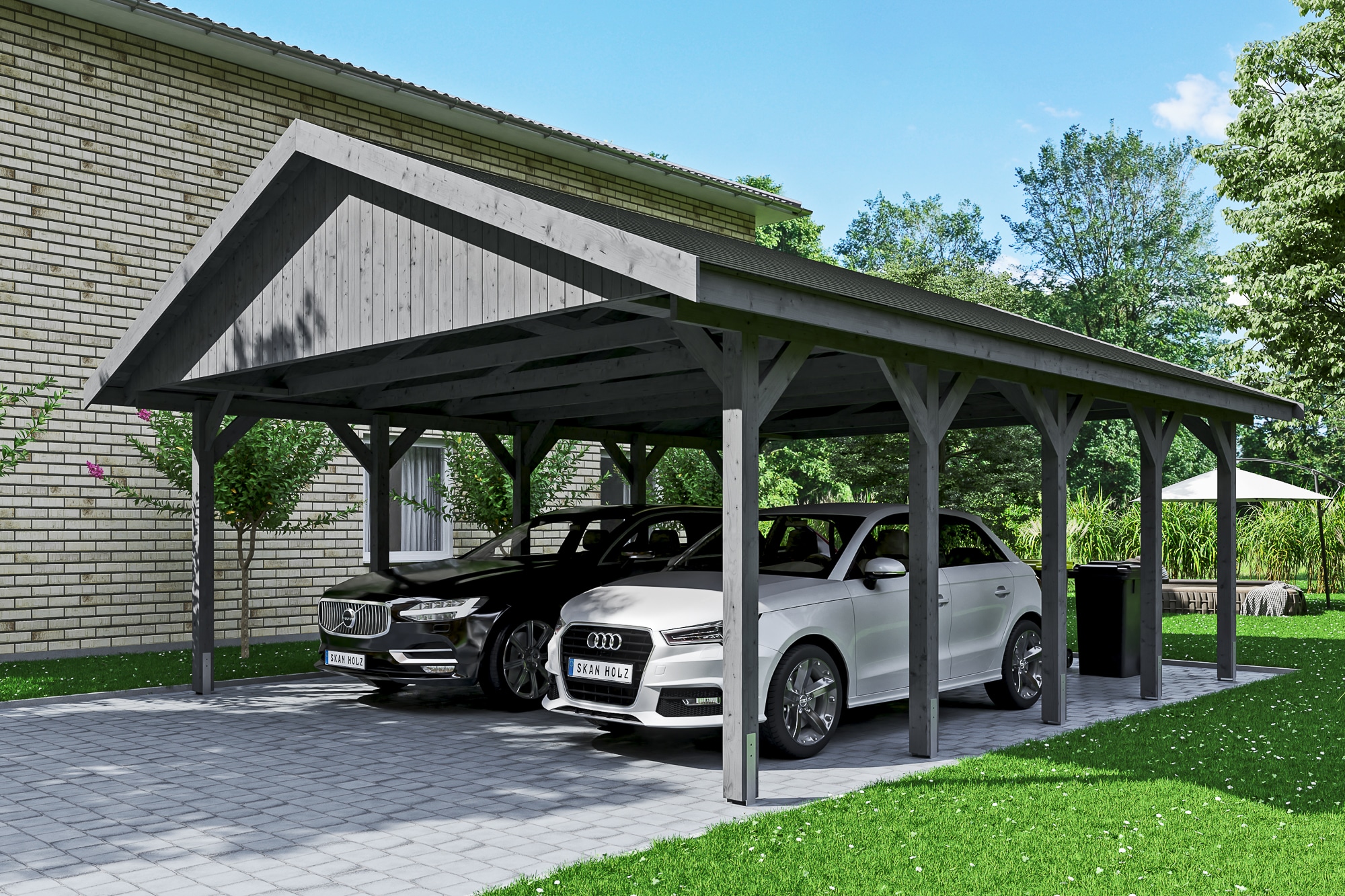 Skanholz Doppelcarport »Wallgau«, Nadelholz, 530 cm, Schiefergrau, mit schwarzen Dachschindeln