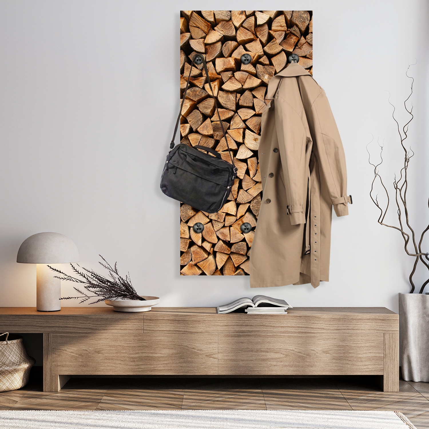 queence Wandgarderobe »Paneel Holzstapel Optik« 1 Stk. tlg. Wandpaneel aus Acrylglas inkl. 6 Edelstahlhaken in schwarz matt