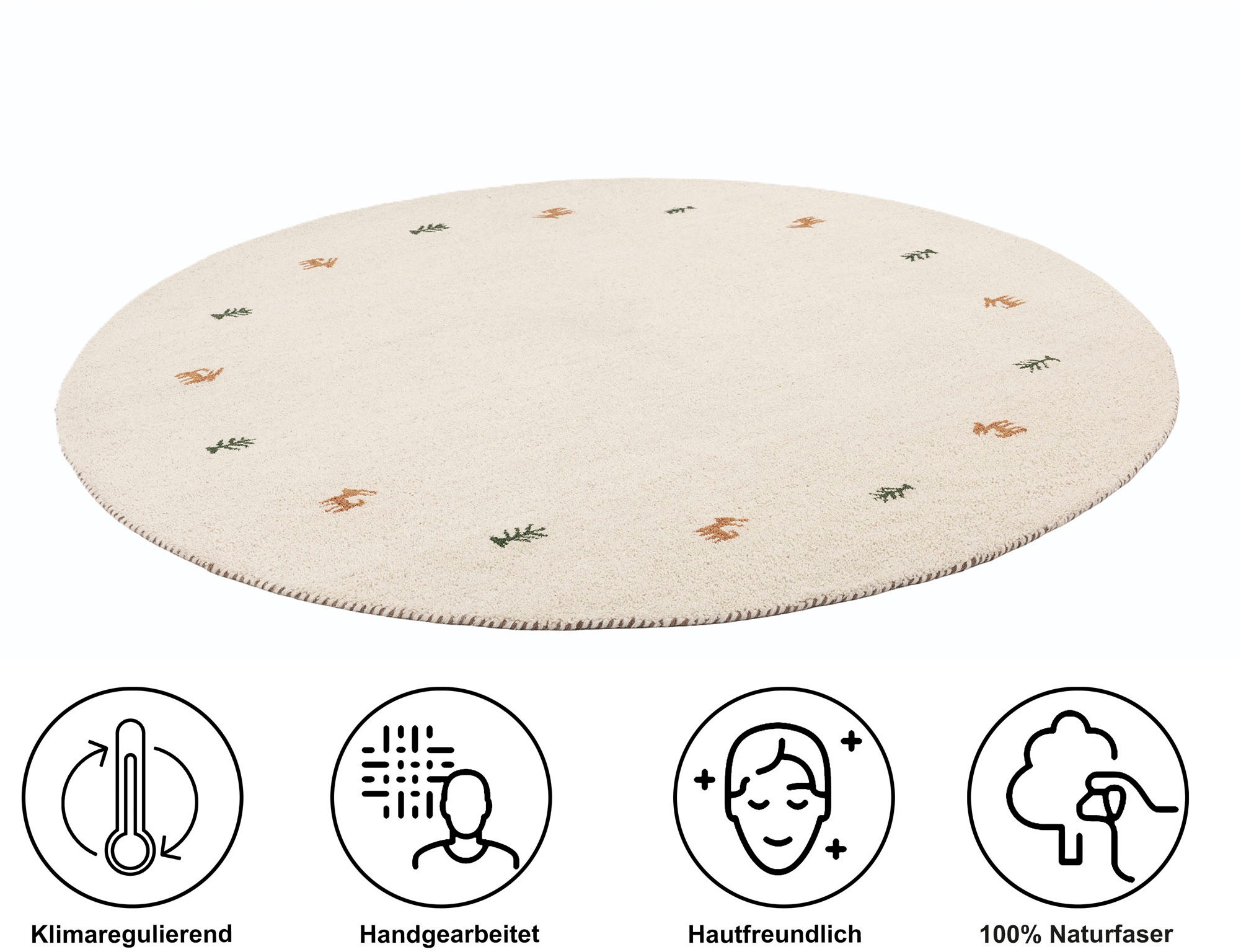 Wollteppich THEKO "Gabbeh Motiv, Handgefertigt, Teppich, Tiermotiv, reine Wolle" Gr. 10, natur, H:14mm Ø:200cm, Wolle, Teppiche, reine Wolle, Wohnzimmer, Schlafzimmer, Esszimmer 2