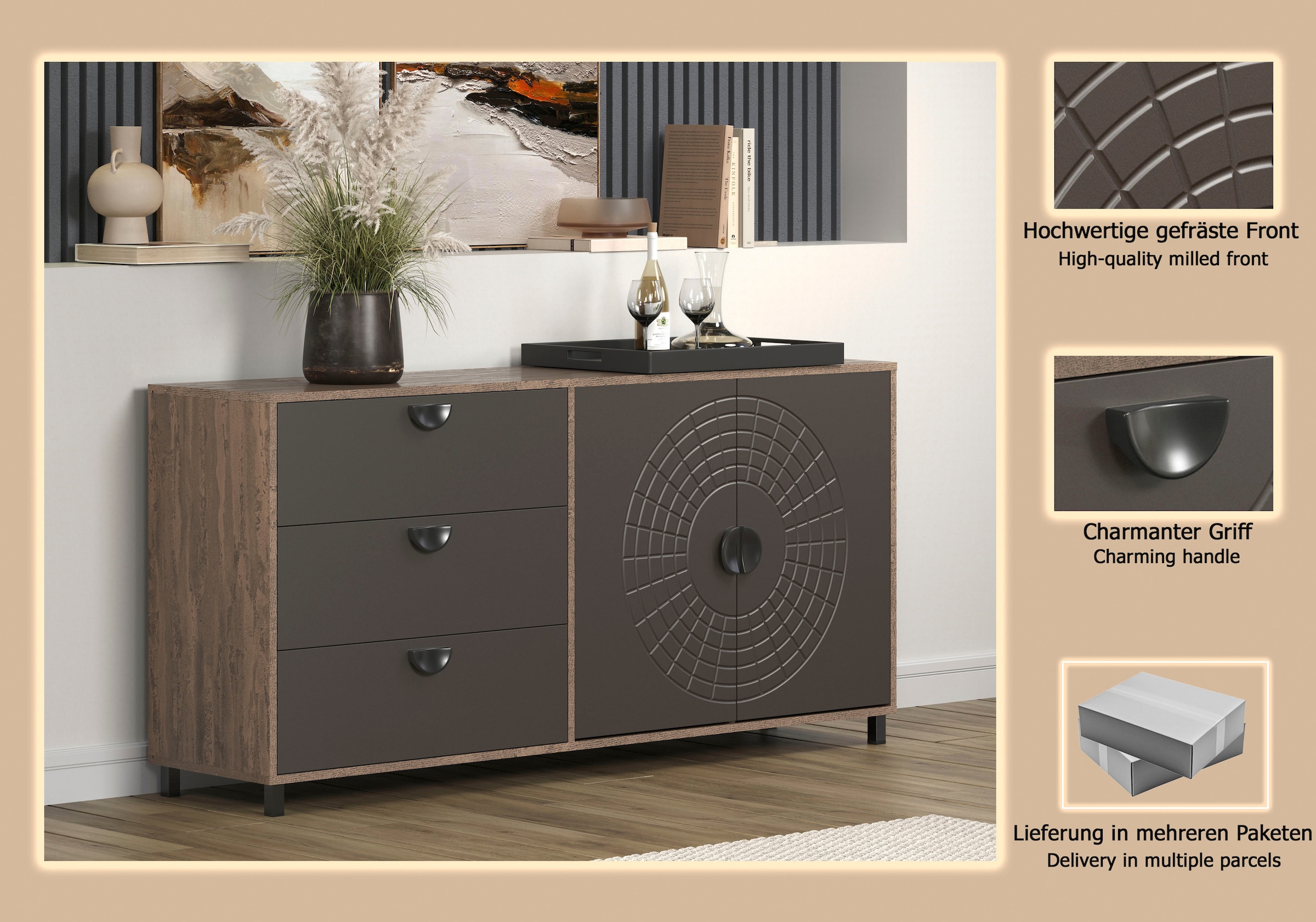 Home affaire Sideboard »Fusion« 1 Stk. tlg. Kommode mit markantem Kreismuster - Antikoptik - (B/T/H) 176/42/86 cm