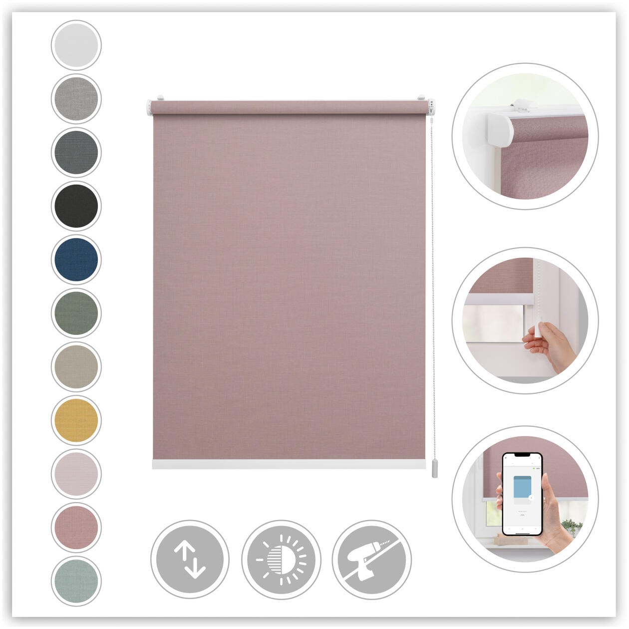 Thumbnail - LICHTBLICK ORIGINAL Rollo "Klemmfix, ohne Bohren" blickdicht Blendschutz  Sichtschutz mit Bohren/ohne Bohren freihängend...