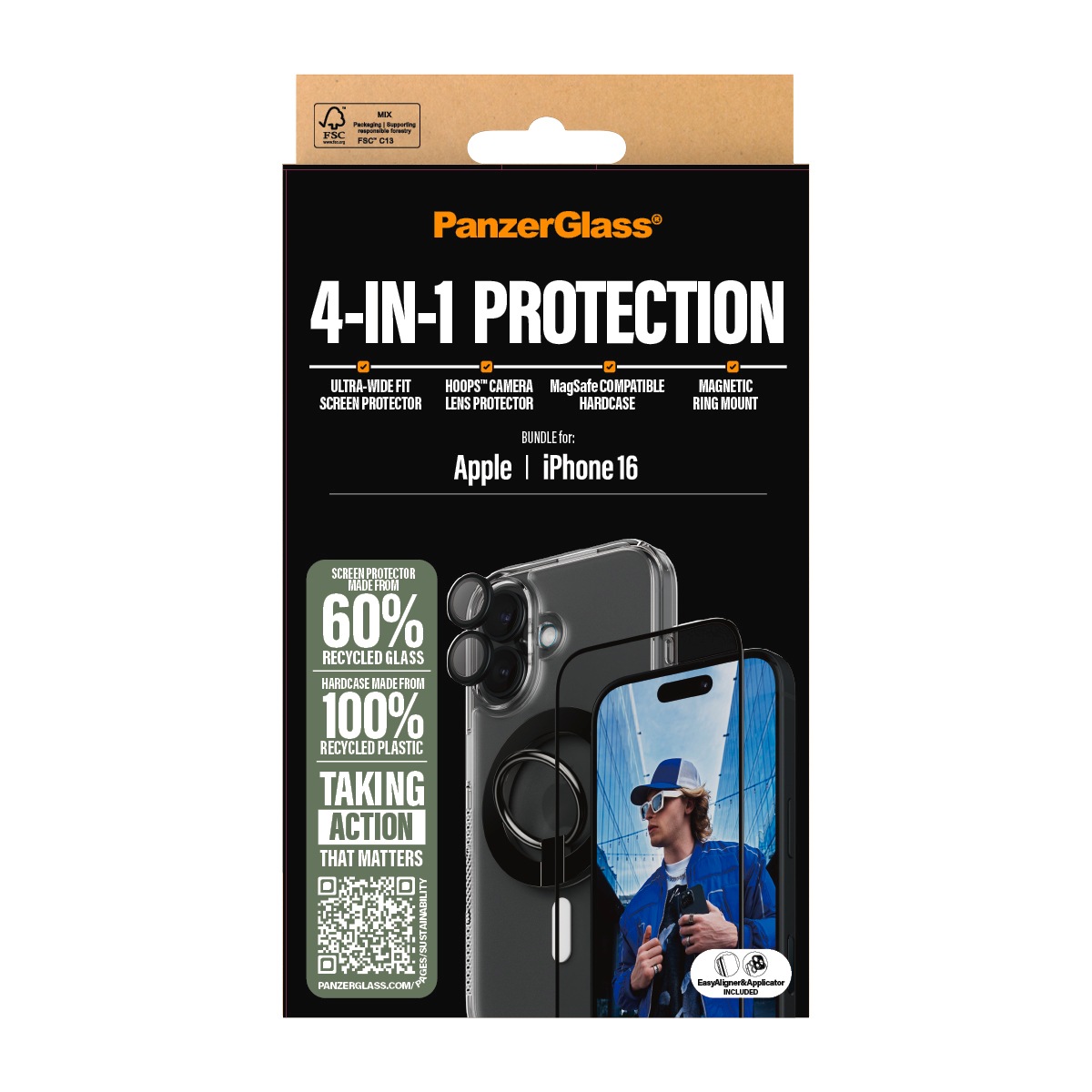 PanzerGlass Displayschutzglas »4-in-1 Protection«, für Apple iPhone 16, (Set, 4 St., bestehend aus Ultra-Wide Fit Glass, Case, Hoops, Ring Mount), Displayschutzfolie, Set, Kameraglas, Cover, MagSafe, kratz- & stoßfest