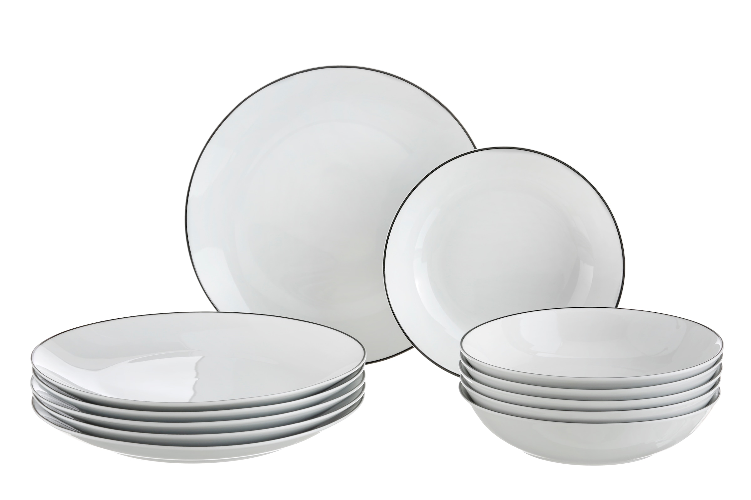 my home Tafelservice »Madeline«, (Set, 12 tlg., je 6 Speiseller, Suppenteller), Geschirr, trendige Coupeform, handgemalte, schwarzes Liniendekor