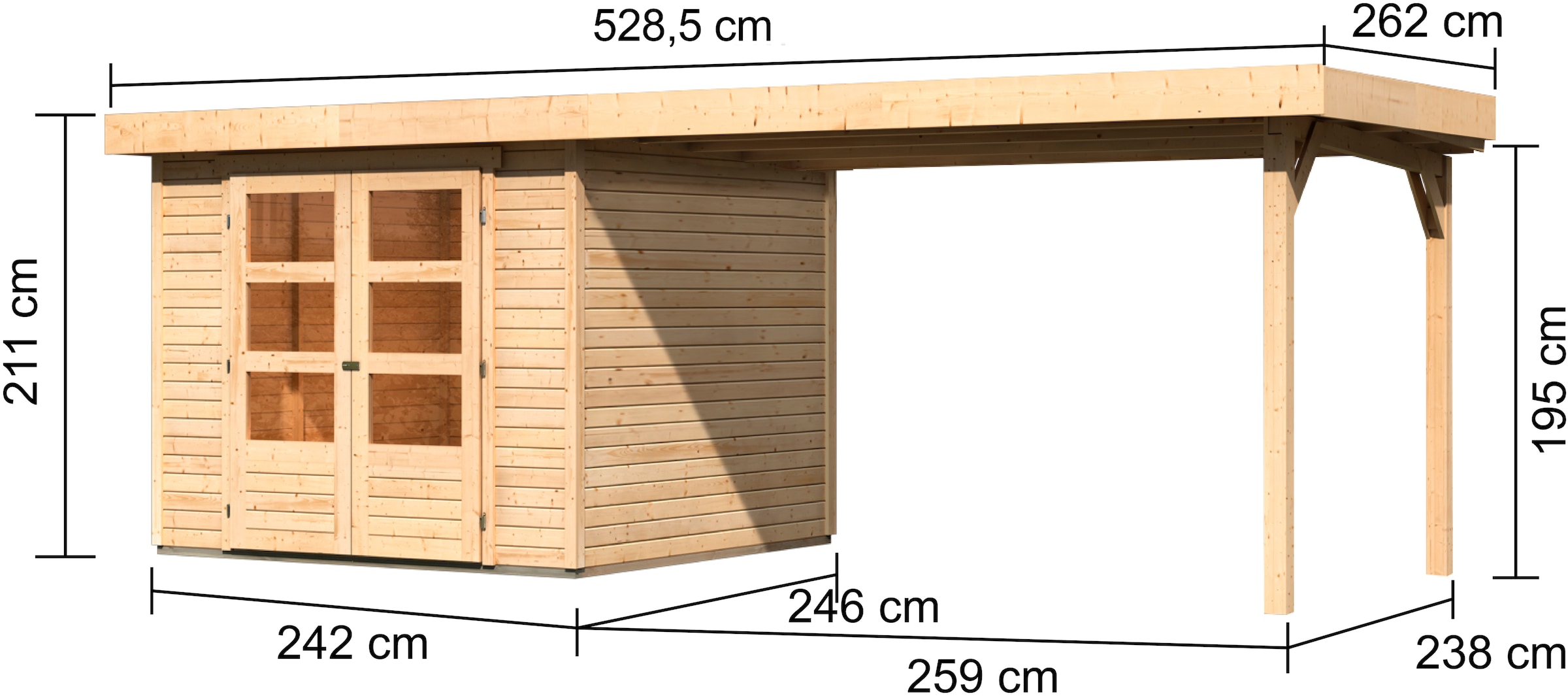 Karibu Gartenhaus »Arnis 3,5«, (Set), mit Anbaudach 2,80 cm Breite