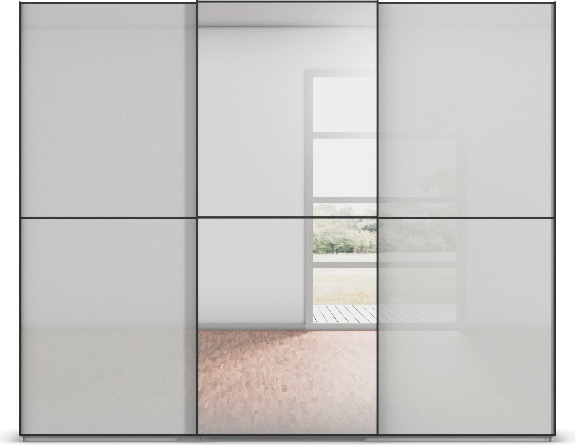 rauch Schwebetürenschrank »Kleiderschrank Schrank Garderobe Schlafzimmerschrank SCALE-DUO«, edle zweigeteilte Türen Spiegel/Glas-Mix 3 Zierleisten MADE IN GERMANY