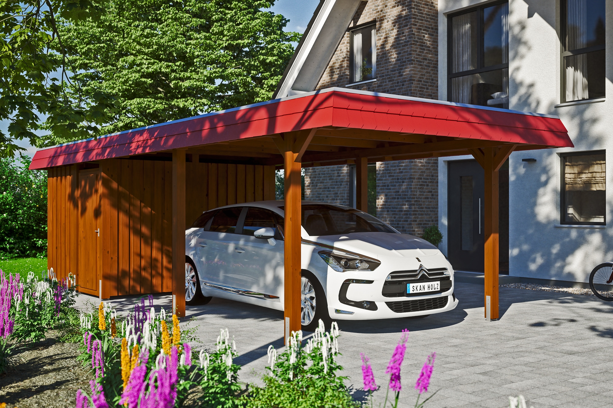 Skanholz Einzelcarport »Wendland«, Leimholz-Fichte, 291 cm, Nussbaum, mit Abstellraum mit Aluminiumdach, rote Blende