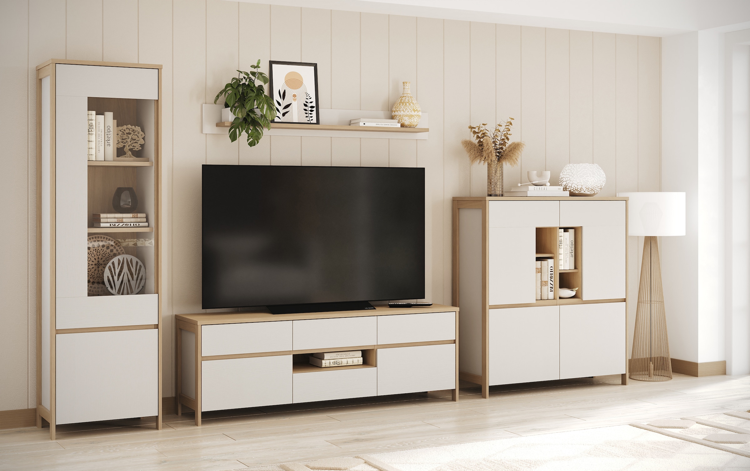 Home affaire Wohnwand »Stranda, moderne Anbauwand, Komplettset im Scandi-Style«, (4 St.), enthält Vitrine, Lowboard, Highboard und Wandboard, 364 cm breit