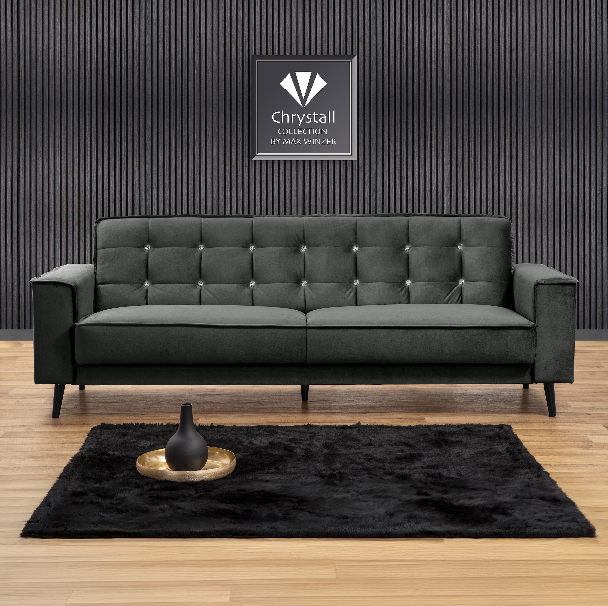 Max Winzer® Schlafsofa »Jersey, 3-Sitzer, Sofa in exklusivem Design, mit Strasssteinen«, handgefertigt, hochwertige Konstruktion, Samtvelours, mit Bettfunktion