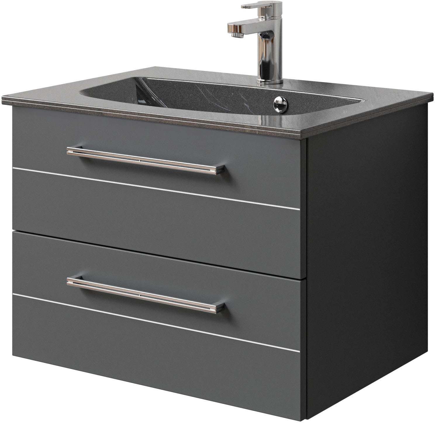 Saphir Badmöbel-Set »Serie 6025 2-teilig Mineralmarmor-Waschtisch mit LED-Spiegelschrank«, (2 St.), Waschplatz 67 cm breit, 2 Schubladen, 2 Spiegel-Türen, inkl Türdämpfer