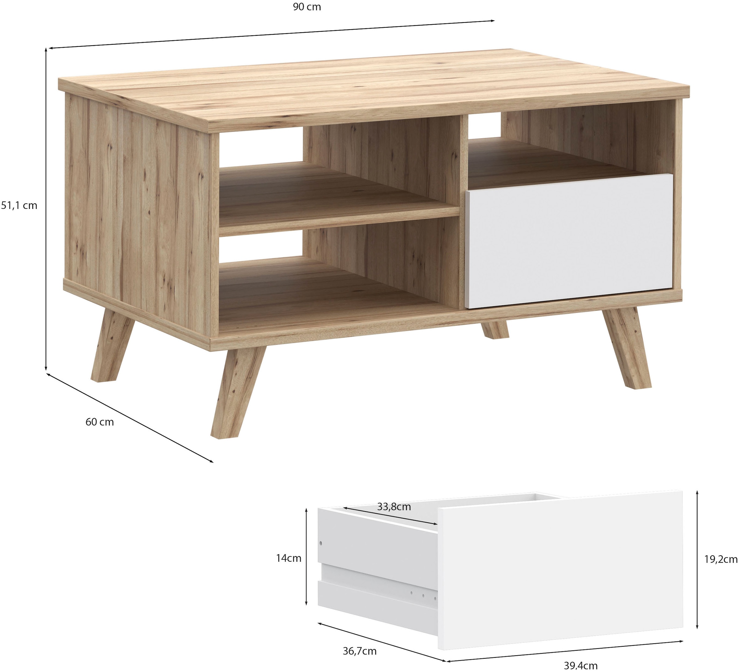 FORTE Couchtisch »Vankka Coffee Table«, (B/H/T 90/51,8/60 cm), 90 x 60 cm Schublade, offen Fächer, Stauraun