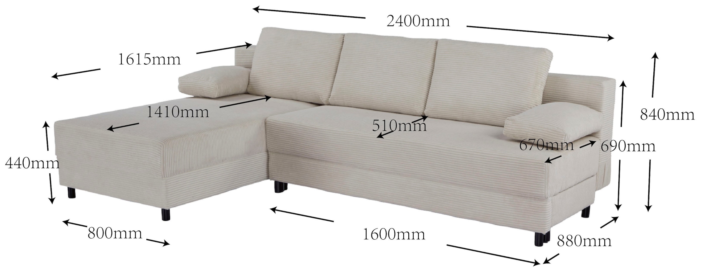 OTTO home Schlafsofa »ONNIKO Ecksofa L-Form Cord, Breite: 240 cm, softer Cord-Bezug« mit Bettfunktion & Bettkasten (Liegefläche 120/240 cm)
