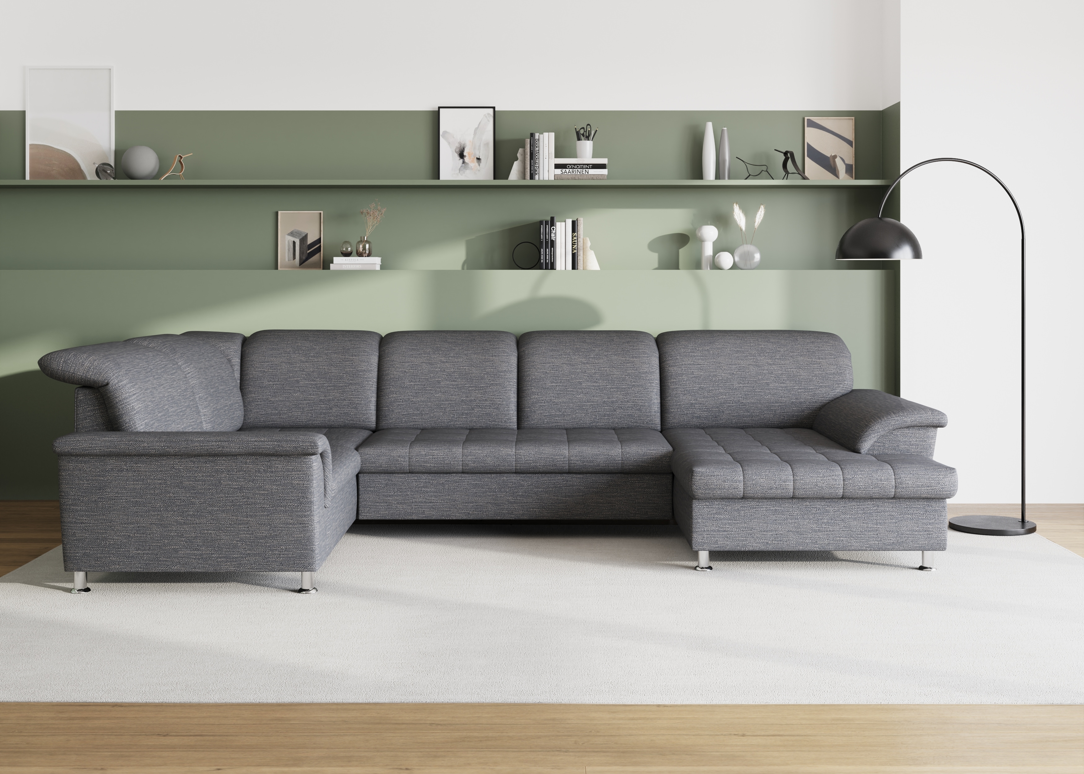 DOMO collection Wohnlandschaft "FRANZI 344x206x81 cm, elegant, komfortabel" U-Form, Recamiere rechts, weiß-grau, B/T: 344/206 cm