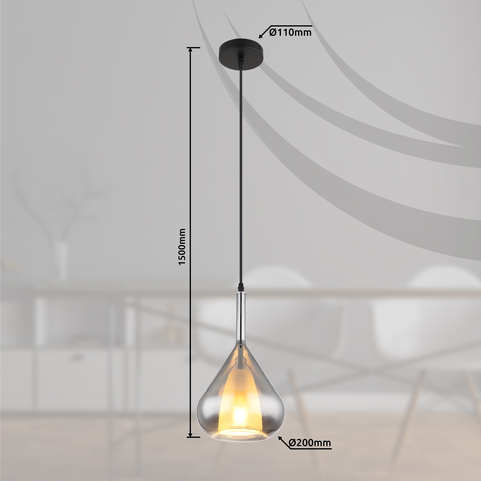 GLOBO LIGHTING Hängeleuchte »GEEKY«, Leuchtmittel E27 | ohne Leuchtmittel, Hängelampe/Glas rauchfarben/Höhe kürzbar/Wohnzimmer