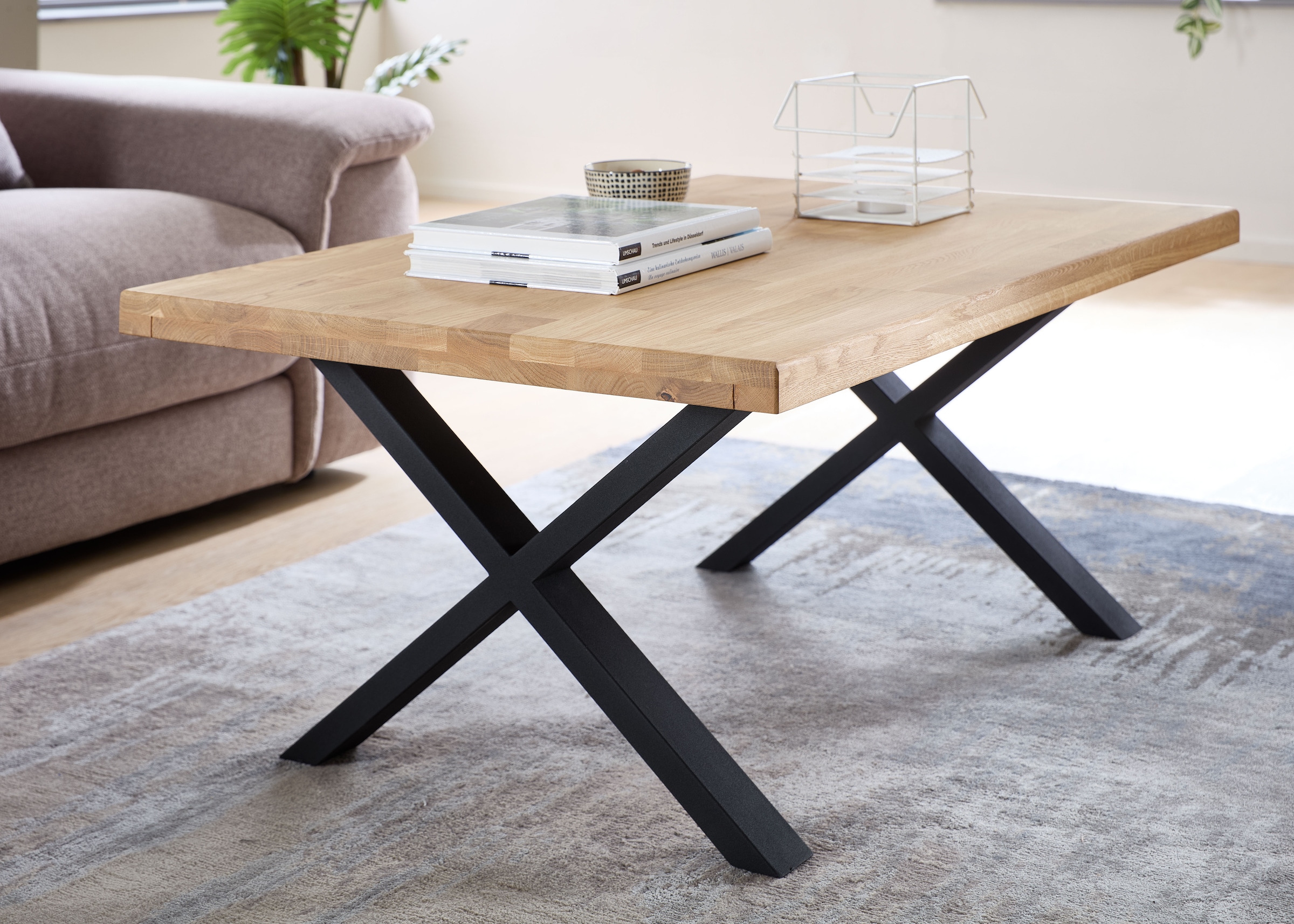 Stolkom Couchtisch »Chris Wohnzimmertisch Eiche Massivholz, BxHxT 110x47x70 cm«, Gerade Kante, Industrial Style Eiche Massivholz