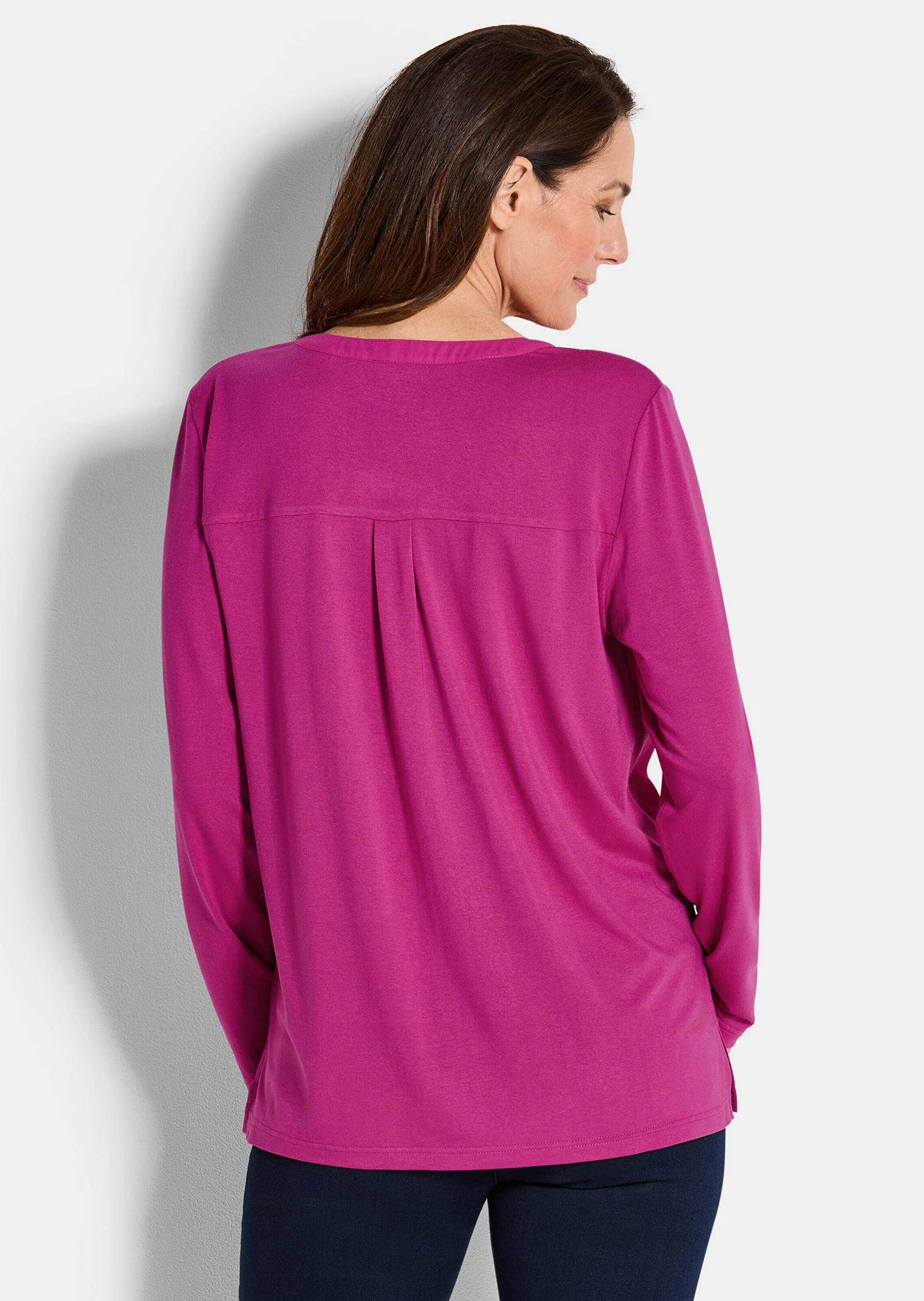 GOLDNER Kurzarmbluse »Kurzgröße Langarm Damen Unibluse mit Chiffoneinsatz und Rundhalsaussschnitt«
