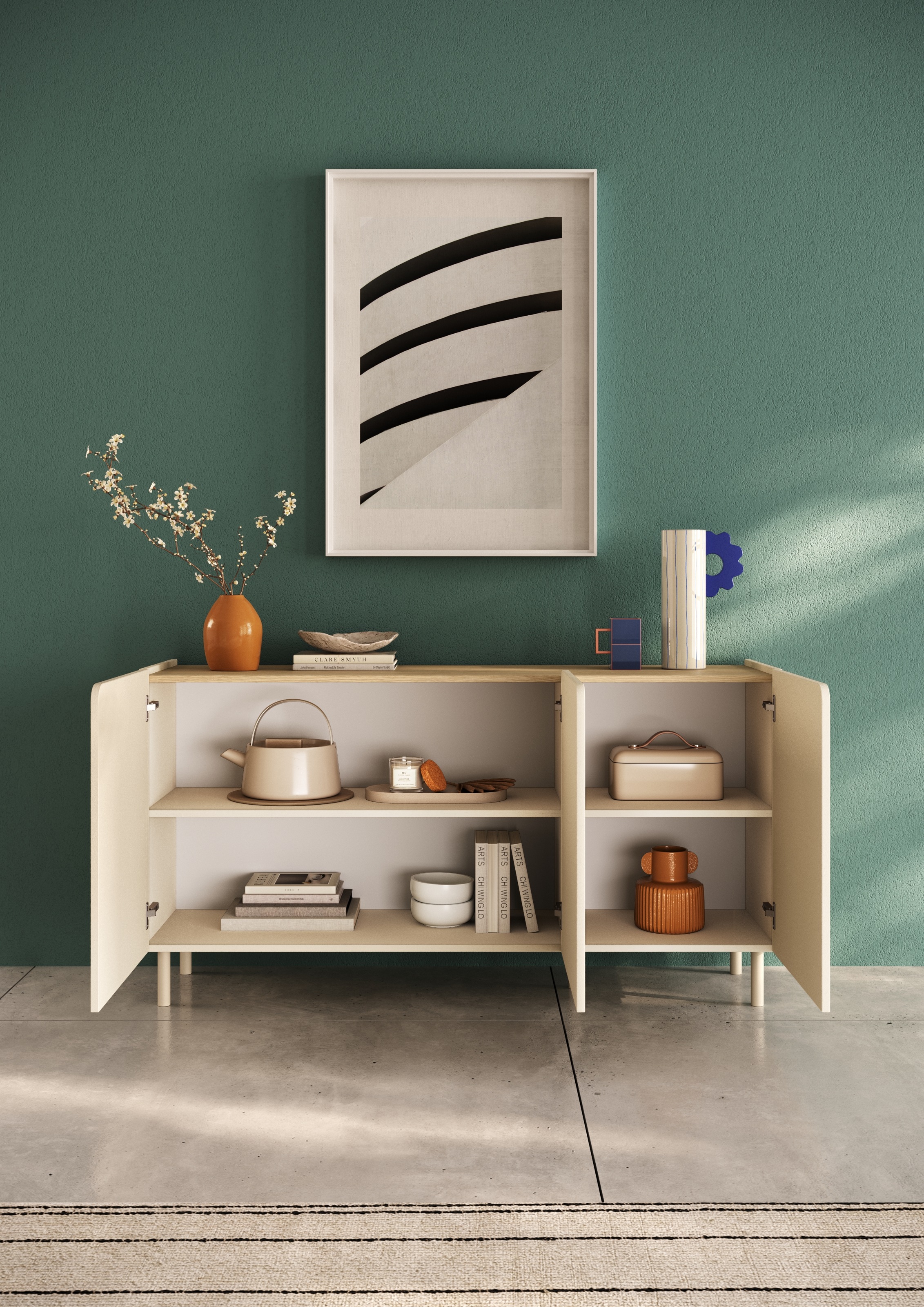 OTTO home Sideboard »Dobbiaco, 152 cm breit, 3 Türen, Anrichte, Kommode, Stauraumschrank« Innenliegendes Top, gerade Metallfüße, Tür mit Rundung
