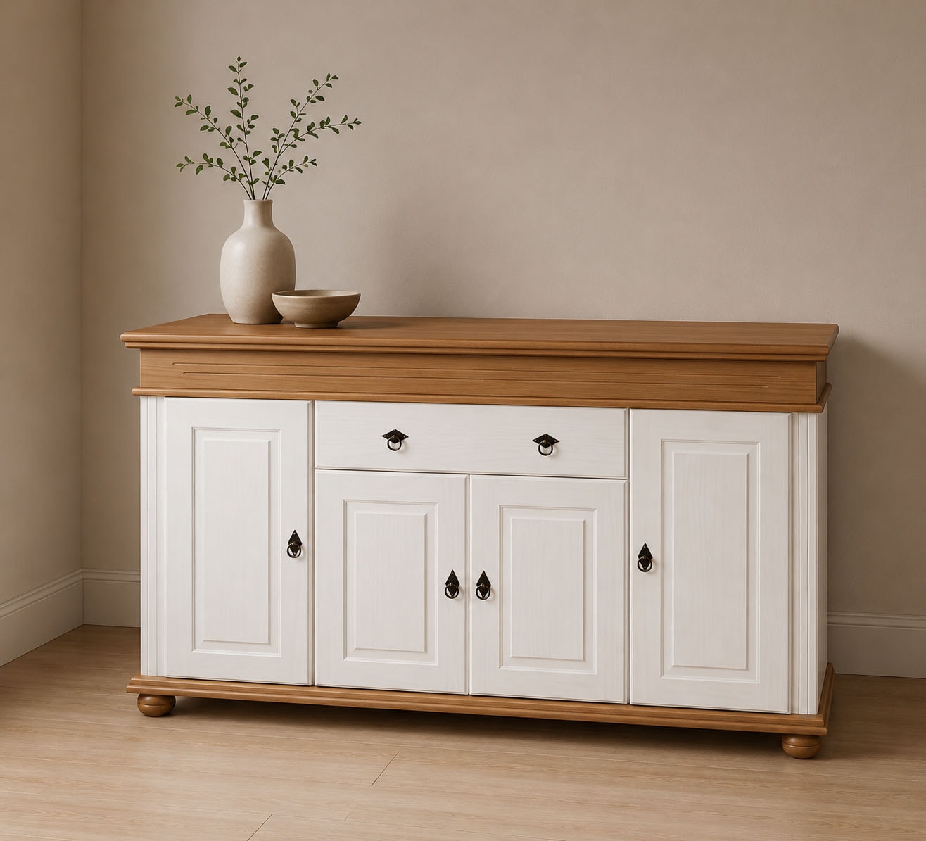 Inter Link Sideboard »Halmaro, Kiefer Massivholz, Soft-close, 181 x 46 x 100 cm, Stauraum« 1 Stk. tlg. Kommode in Weiss, Braun/Oak, Landhausstil, 4 Türen, 1 Schublade