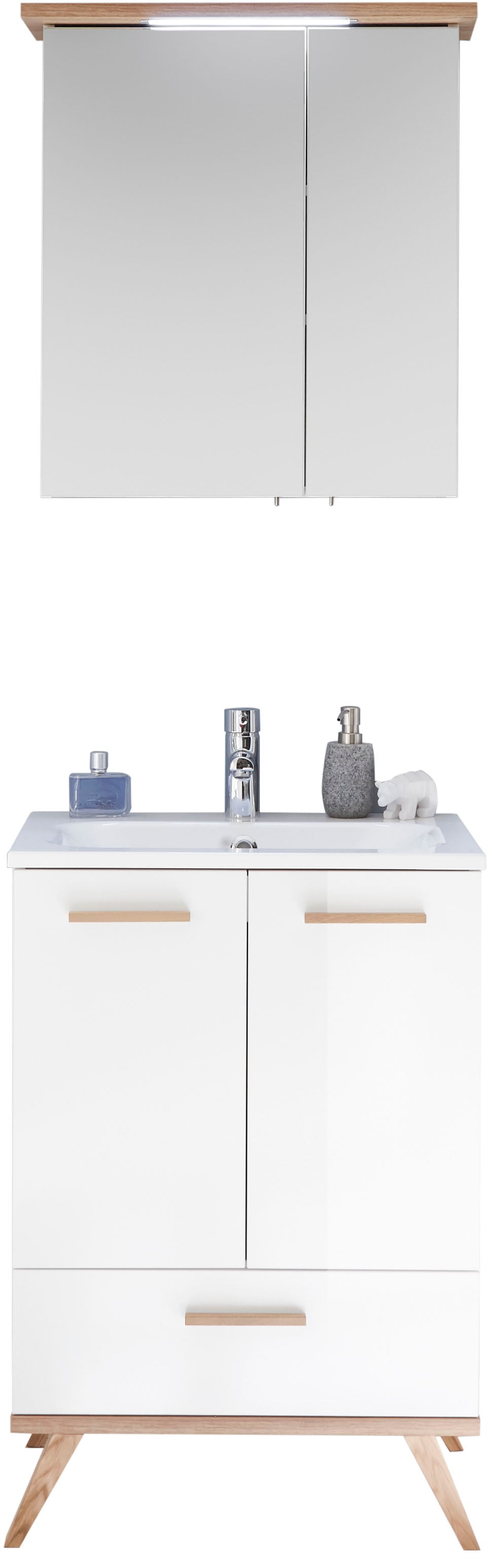 Saphir Badmöbel-Set »Quickset 2-teilig, Mineralmarmor-Waschtisch und LED-Spiegelschrank«, (2 St.), Waschplatz 61 cm breit, 4 Türen, 1 Schublade, 2 Einlegeböden, Bad-Set