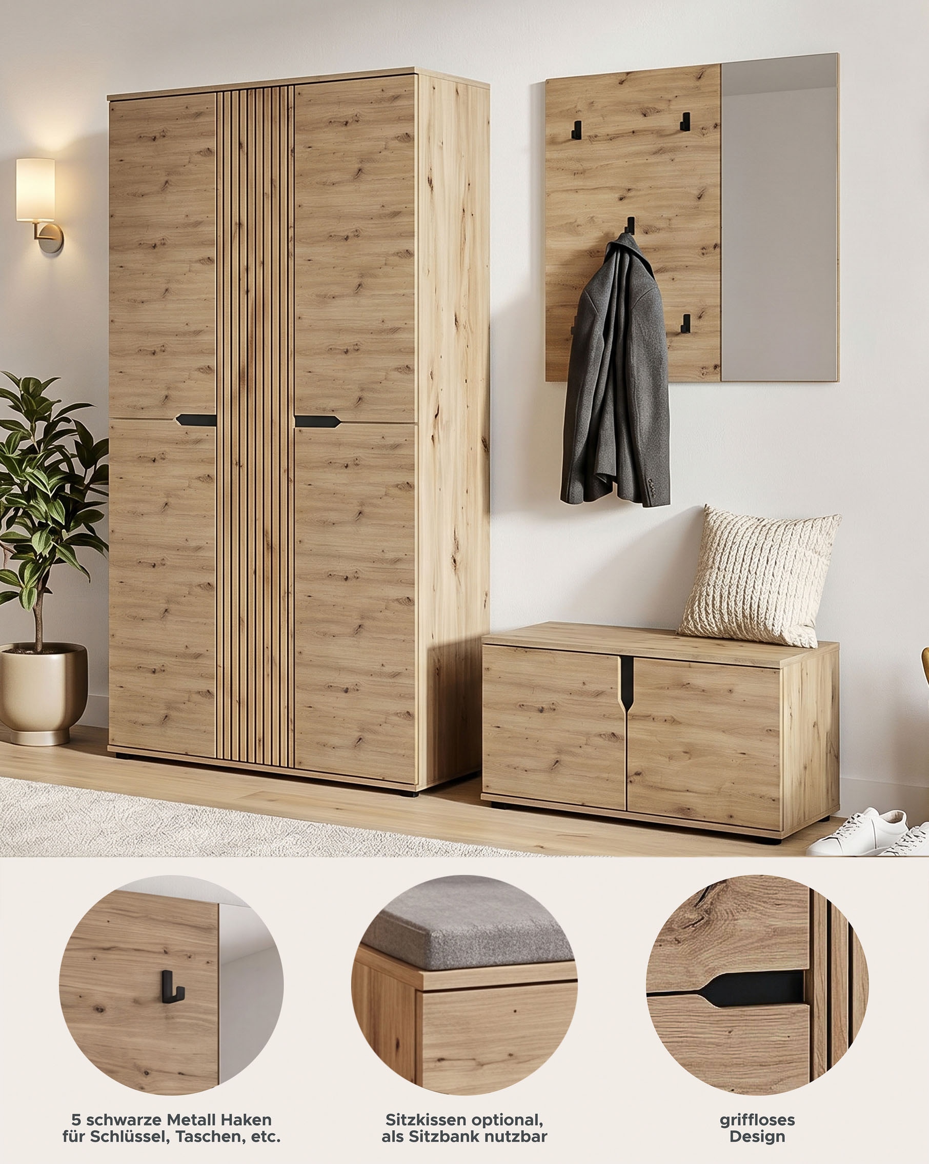 OTTO home Garderoben-Set »FJELL, 3-teilig, Breite 199cm, Front mit hochwertiger Längsfräsung«