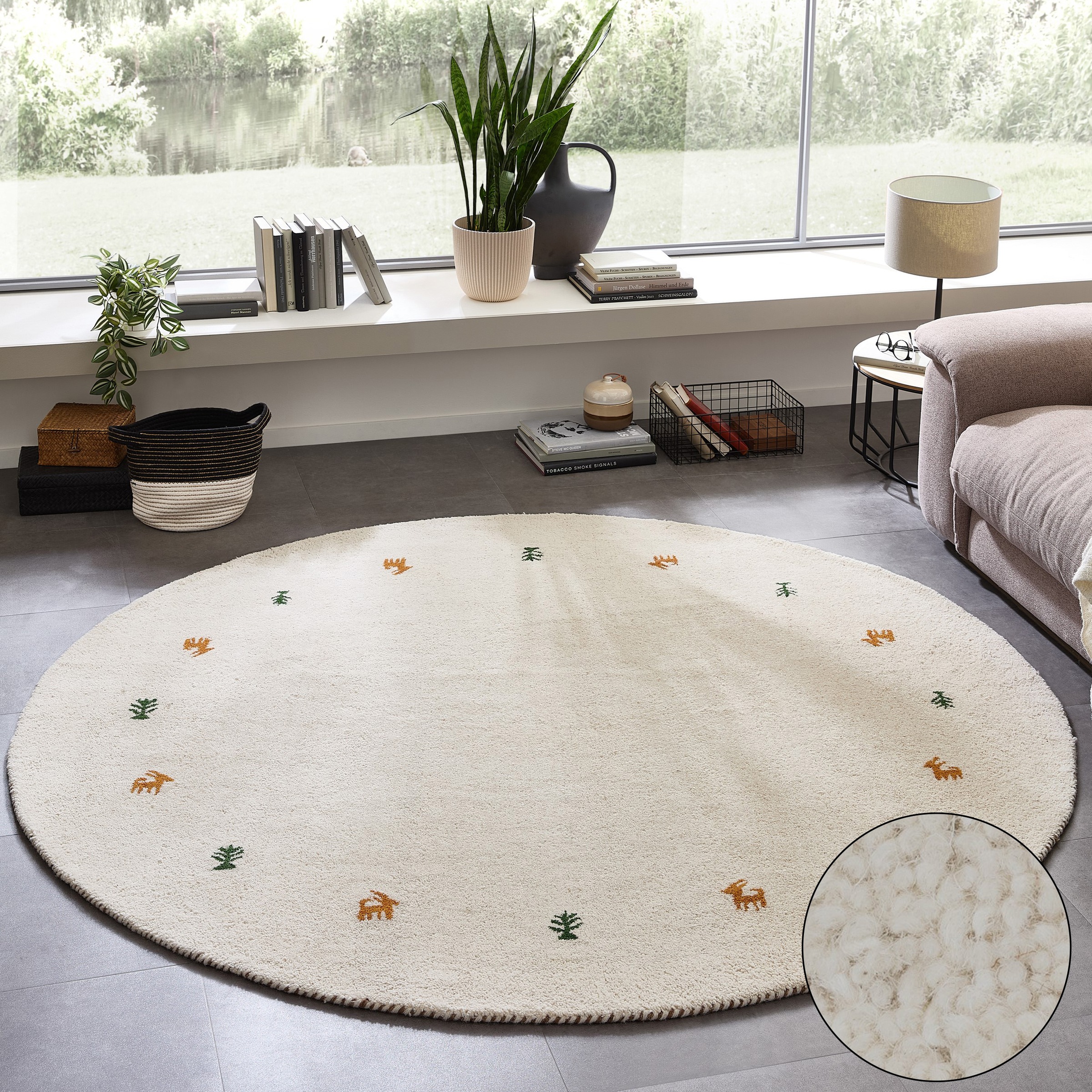 Wollteppich THEKO "Gabbeh Motiv, Handgefertigt, Teppich, Tiermotiv, reine Wolle" Gr. 10, natur, H:14mm Ø:200cm, Wolle, Teppiche, reine Wolle, Wohnzimmer, Schlafzimmer, Esszimmer