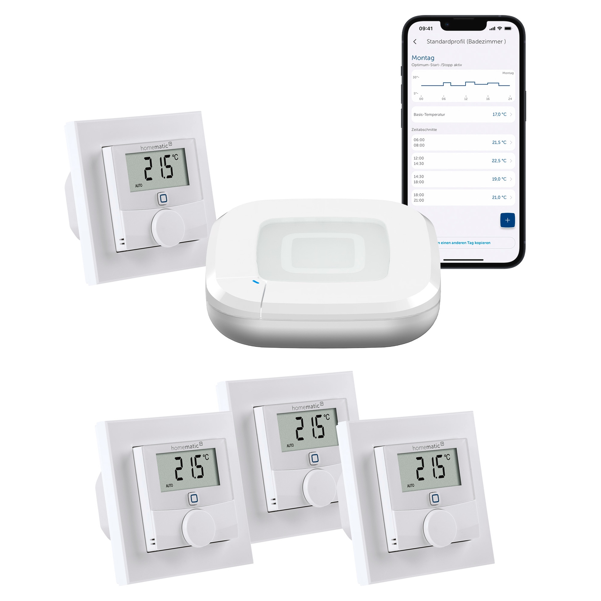 HOMEMATIC IP Smart-Home Starter-Set "Fußbodenheizung für 4 Räume", weiß, B:28,5cm H:32cm T:40,5cm, Smart-Home-Stationen, inkl. HAP & 4 Wandthermostate
