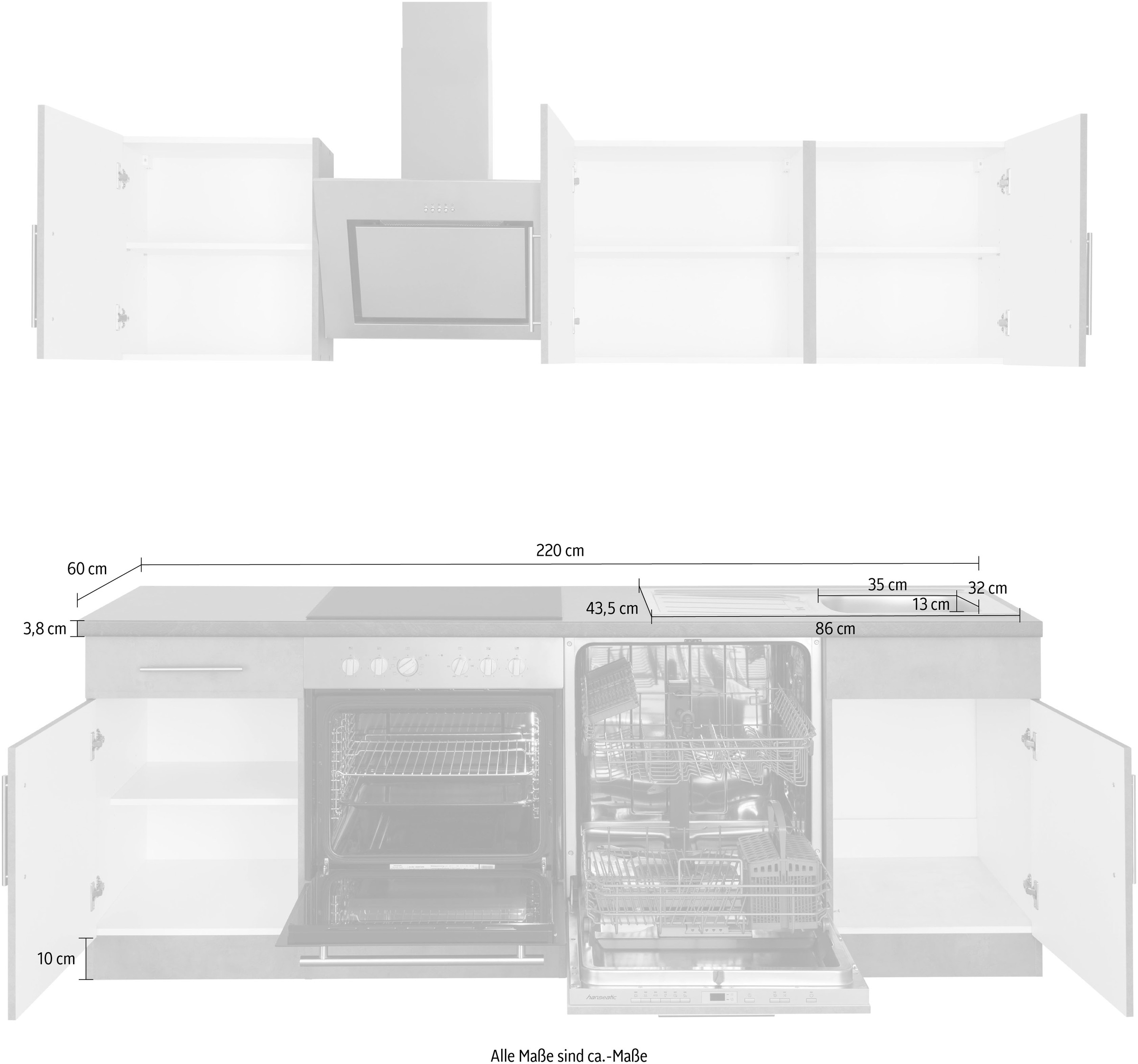 wiho Küchen Küchenzeile »Cali«, mit E-Geräten, Breite 220 cm mit Hanseatic E -Geräten kaufen | BAUR | Küchenzeilen mit Geräten