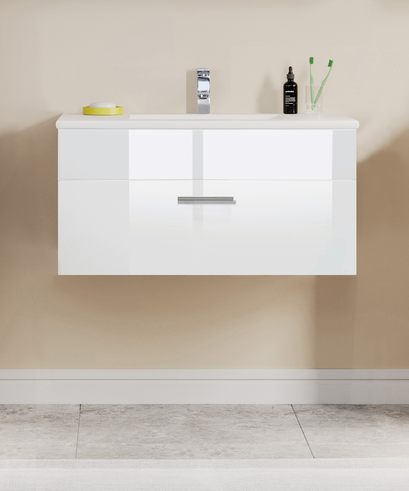 welltime Waschtisch »Trento Light, 60cm, 80cm, 100cm, Keramik-Auflagebecken«, 1 feste Blende und 1 Auszug