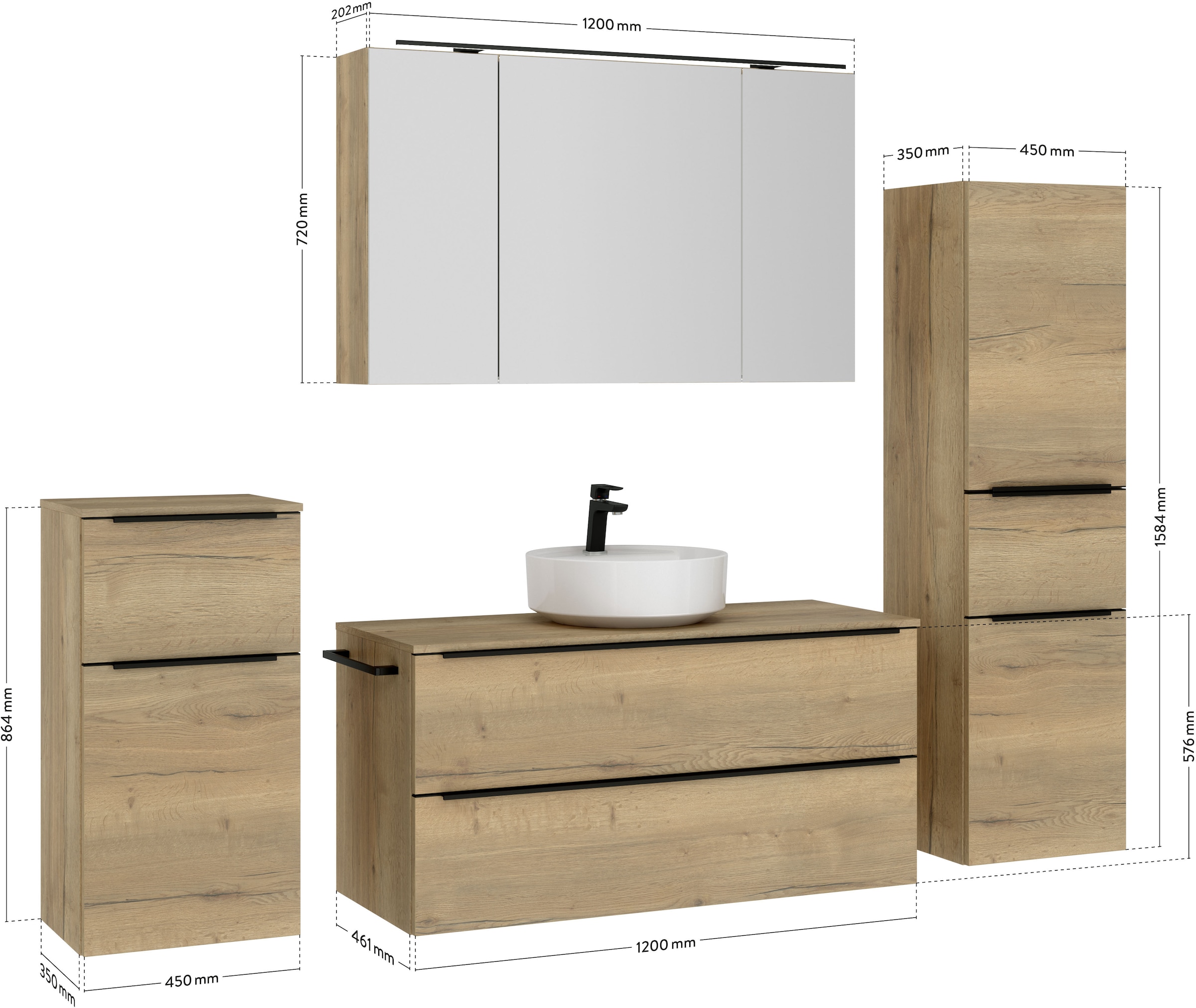 nobilia® Badmöbel-Set »Alvene«, (4 St., vormontiert, mit Soft-Close), inkl. Spiegelschrank mit Beleuchtung und Dimmerfunktion, in 4 Breiten