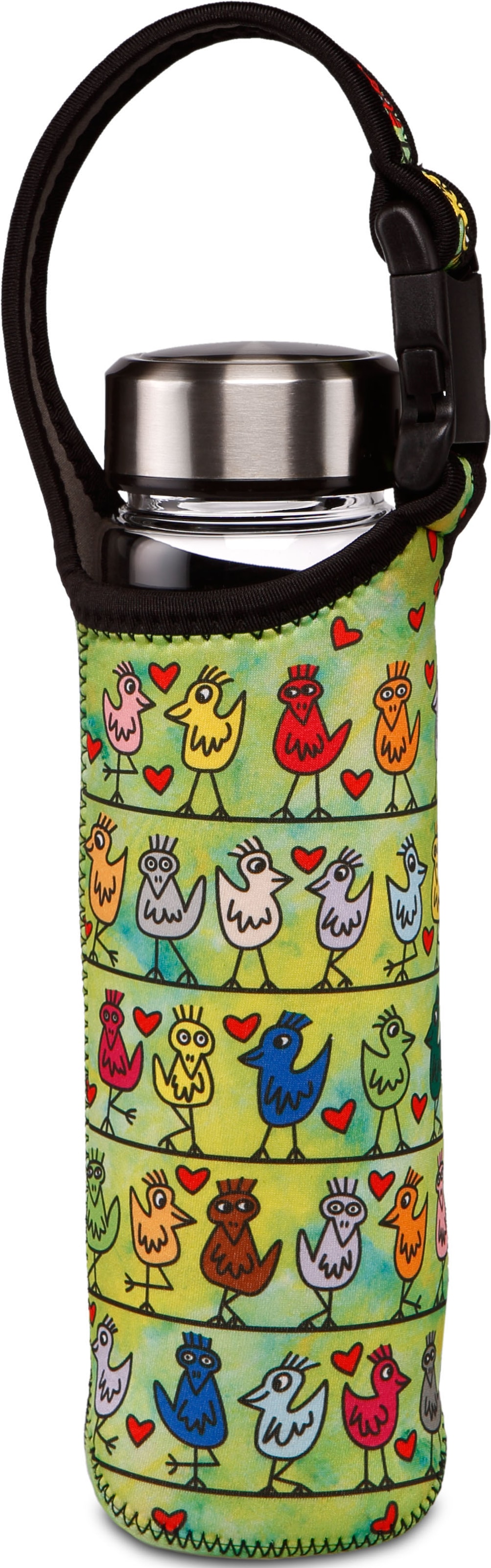 Goebel Trinkflasche »James Rizzi - "Birds on a Love Wire"«, (mit Haltegurt), mit Edelstahldeckel in individuell bedruckter Neoprenhülle