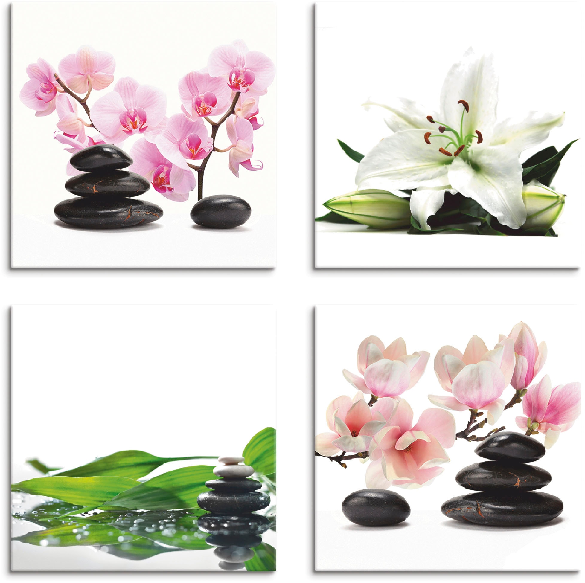 Artland Leinwandbild "Stein Orchidee Lilie Spa Bambus Magnolie" Zen 4 Stk. günstig online kaufen