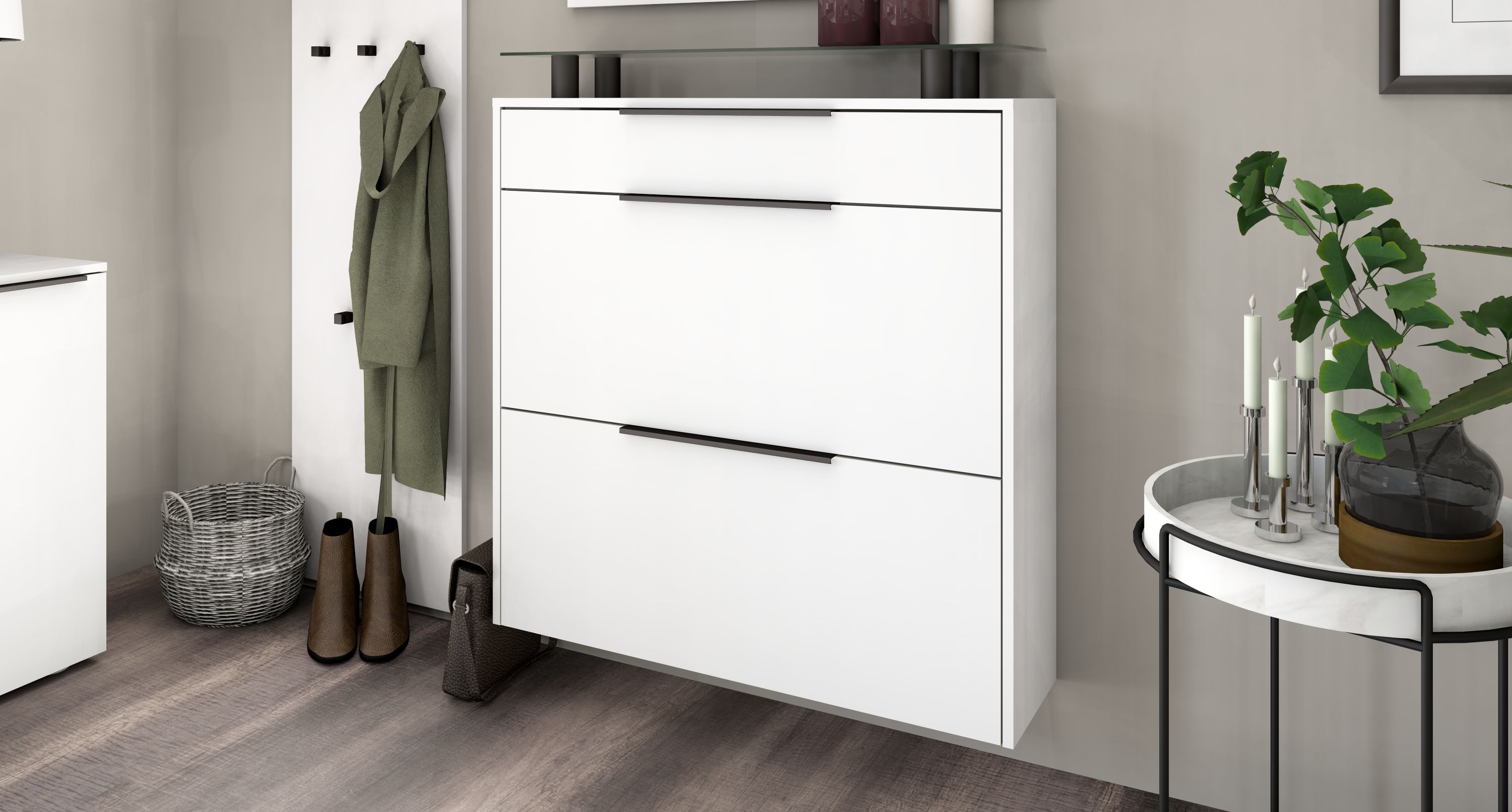 borchardt Möbel Schuhschrank "Tom, Hängeschrank mit Glasablage und Metallgriffen" Mit 2 Klappen, dahinter 4 Fächer, und 1 Schubkasten