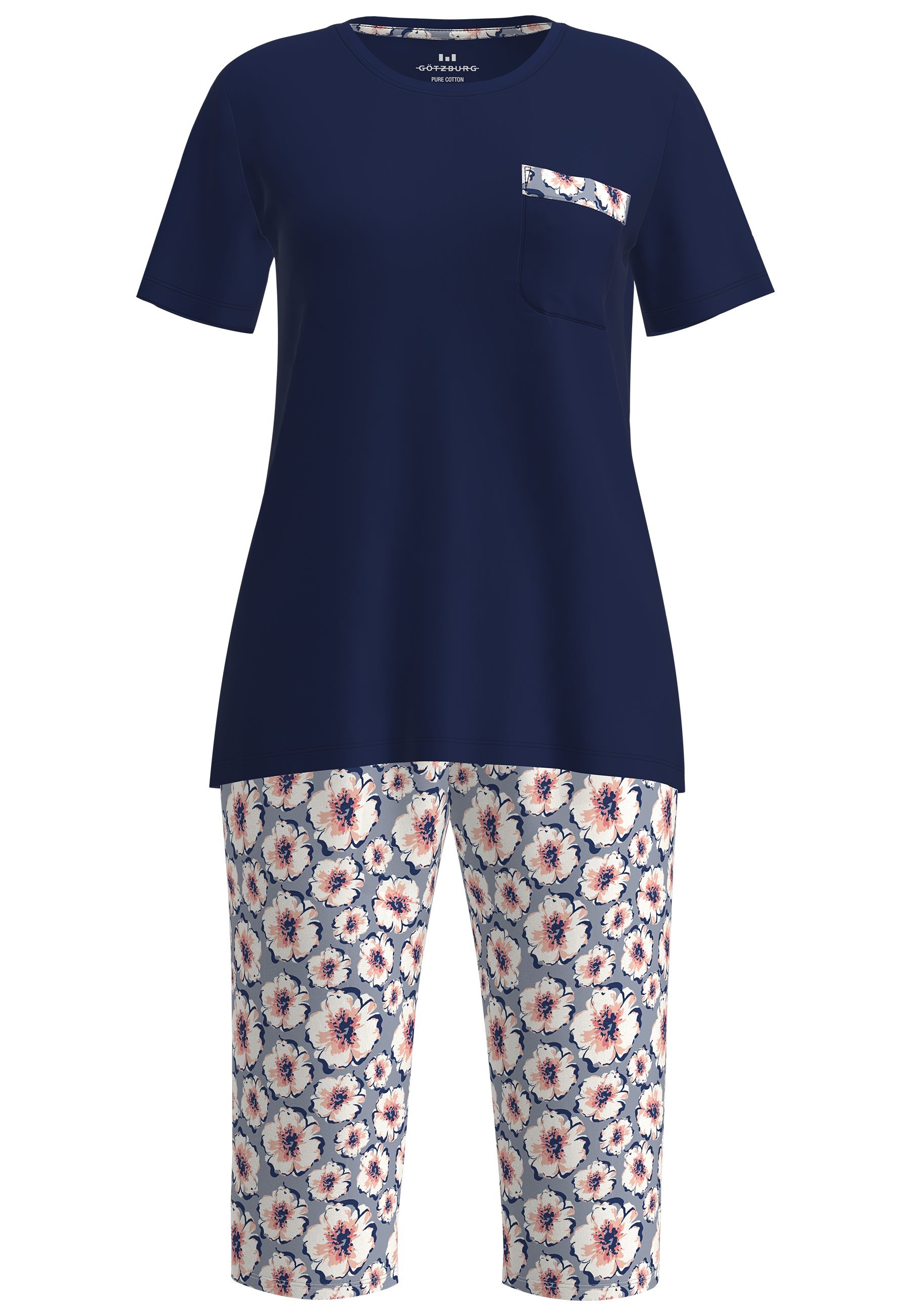 GÖTZBURG Capri-Pyjama, (2 tlg.), Oberteil uni, Hose mit floralem Muster günstig online kaufen