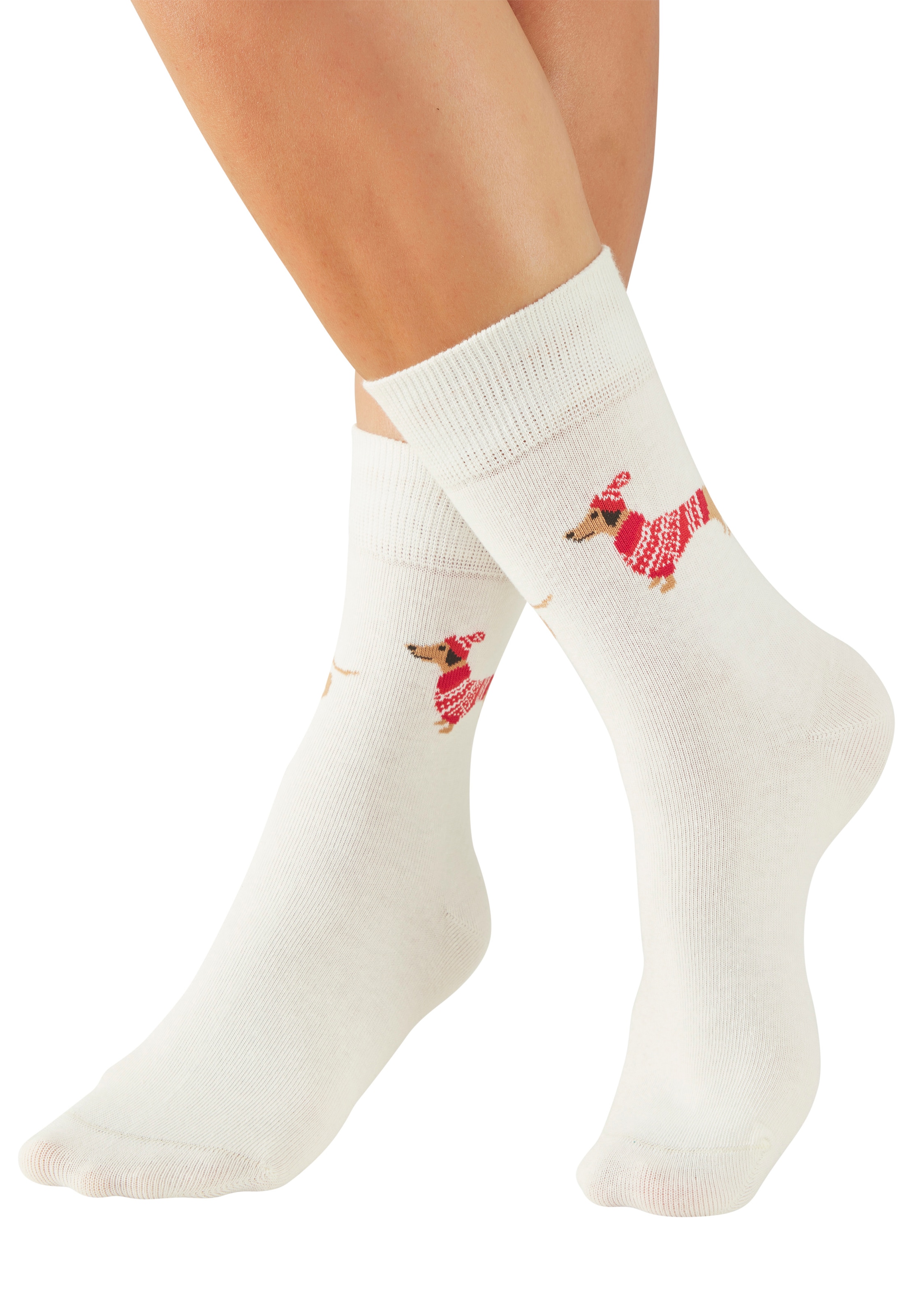 LASCANA Freizeitsocken »Damen Weihnachtssocken« Packung, 3 Paar tlg. mit lustigen Dackelmotiven