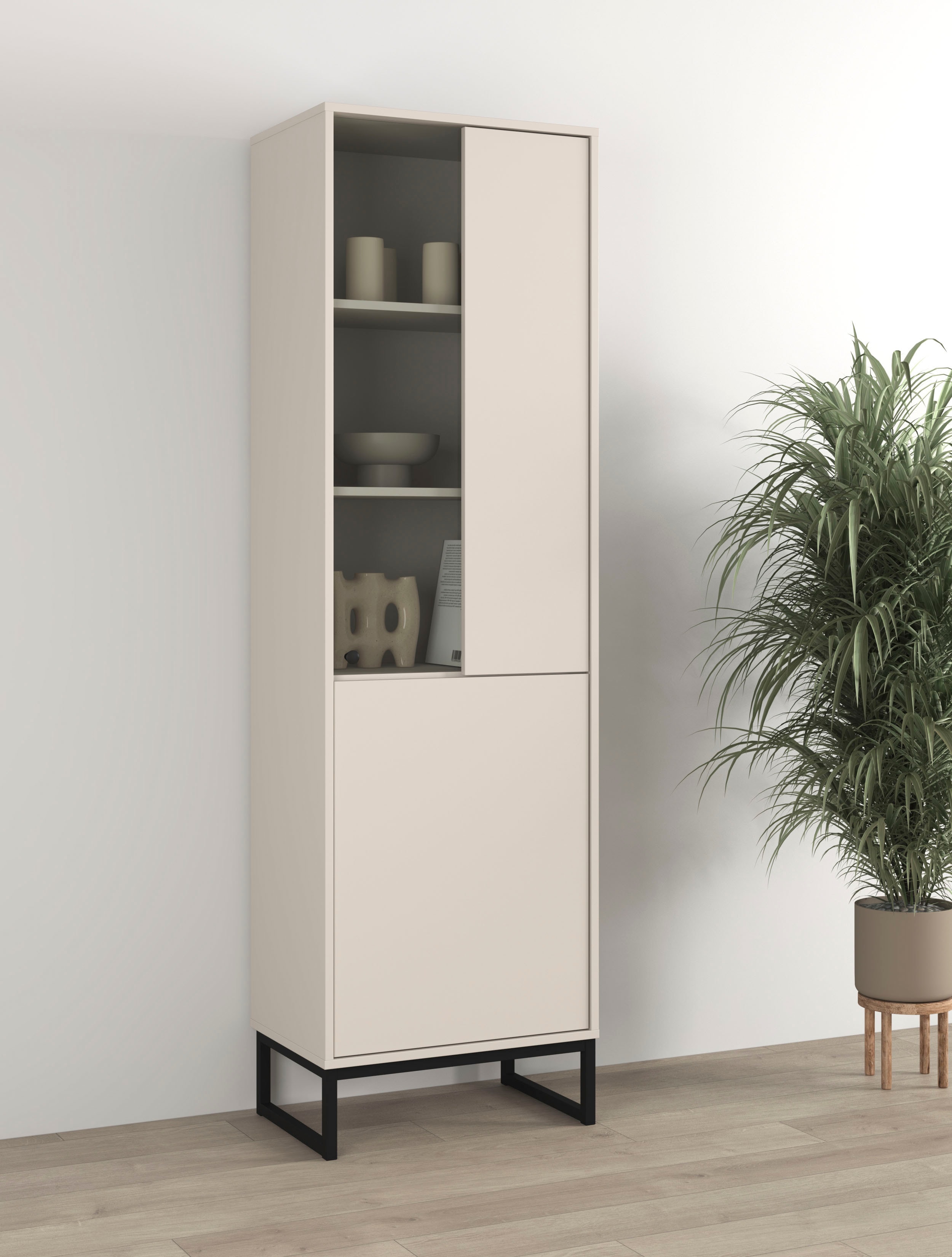 OTTO home Vitrine "Loft, Höhe 180 cm, moderne Standvitrine mit 2 Türen, Metallkufen" Hochschrank mit viel Stauraum, Glastür und verstellbaren Einlegeböden