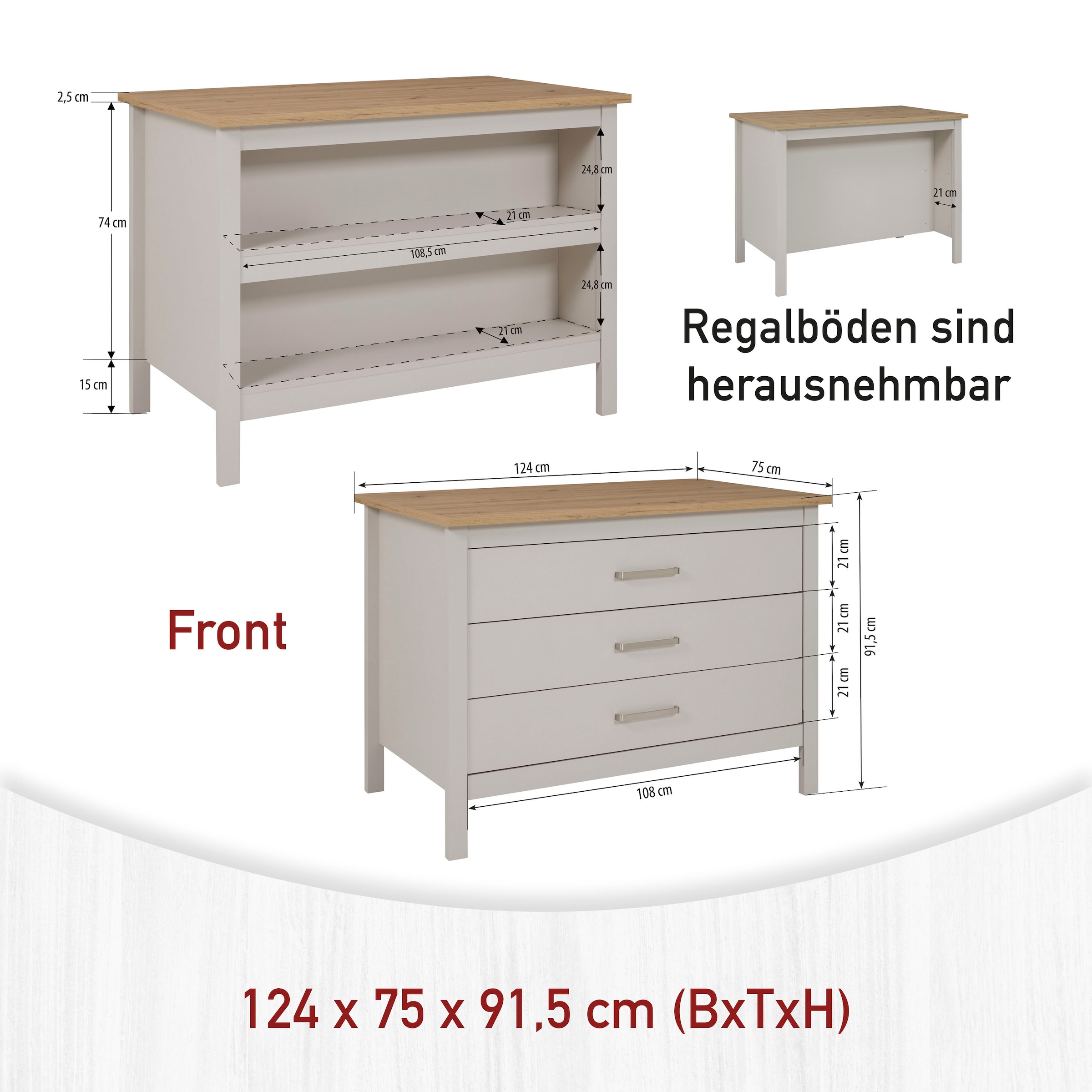 Inter Link Bartisch »Pienza, multifunktional für Küche & Essbereich, Kaschmir, Skandi Look« 1 Stk. tlg. Kücheninsel mit Soft-Close, Platz für 2 Hocker, 124x75x91 cm