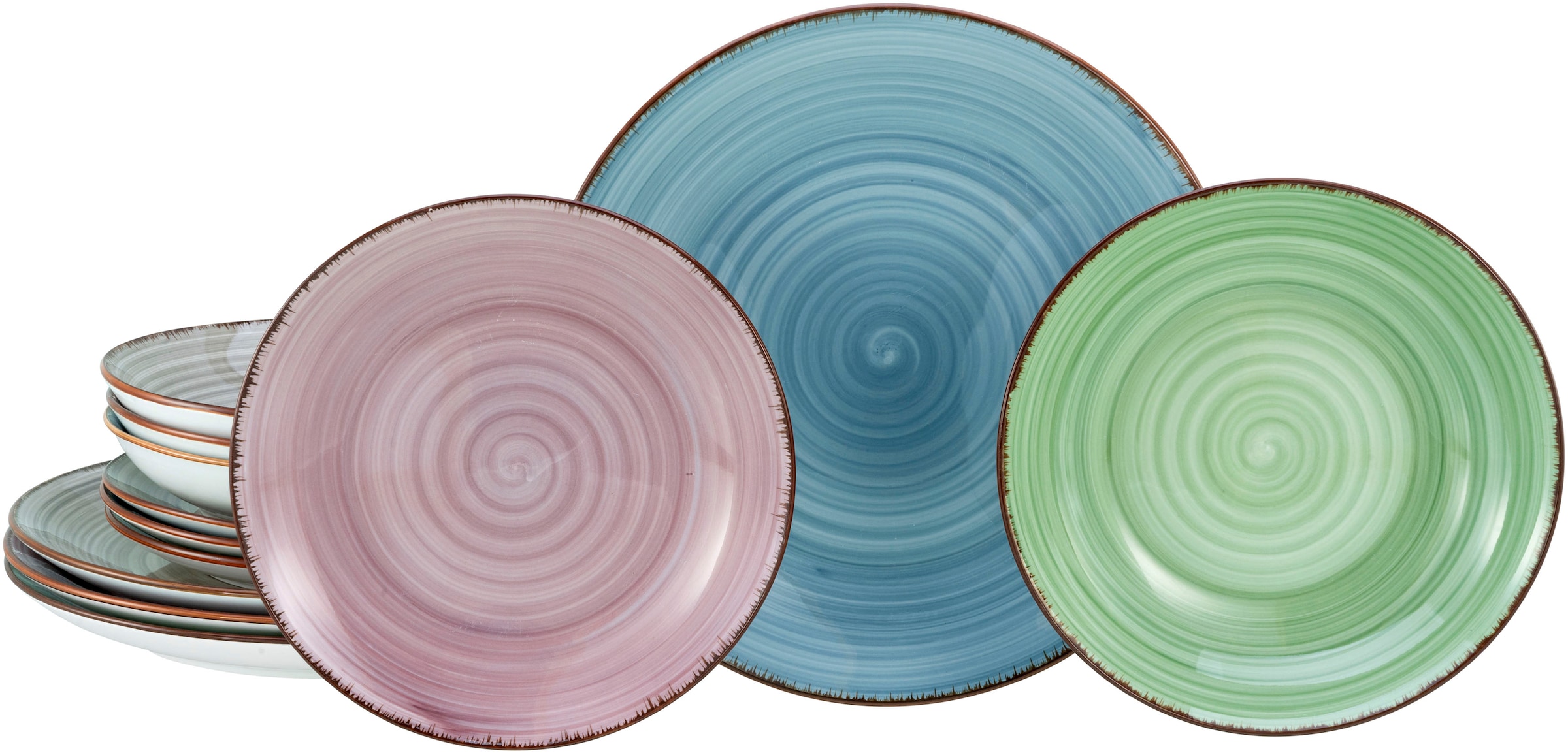 CreaTable Teller-Set "Samba Bunt, Teller Set 12 tlg" Handgemalter Spiraldekor