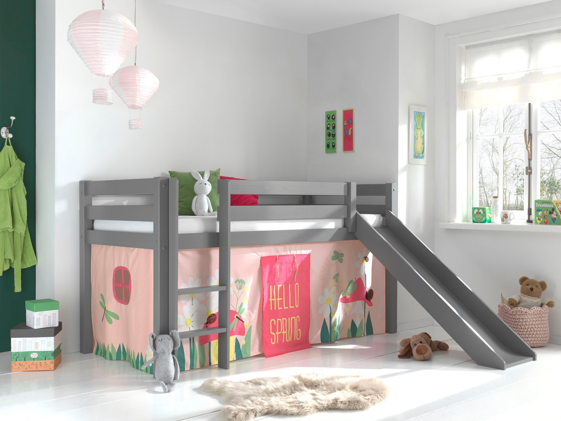 Vipack Hochbett »Pino«, (Made in Europe), Massivholz, Textil Set "Spring", wahlweise mit Rutsche und Betttunnel