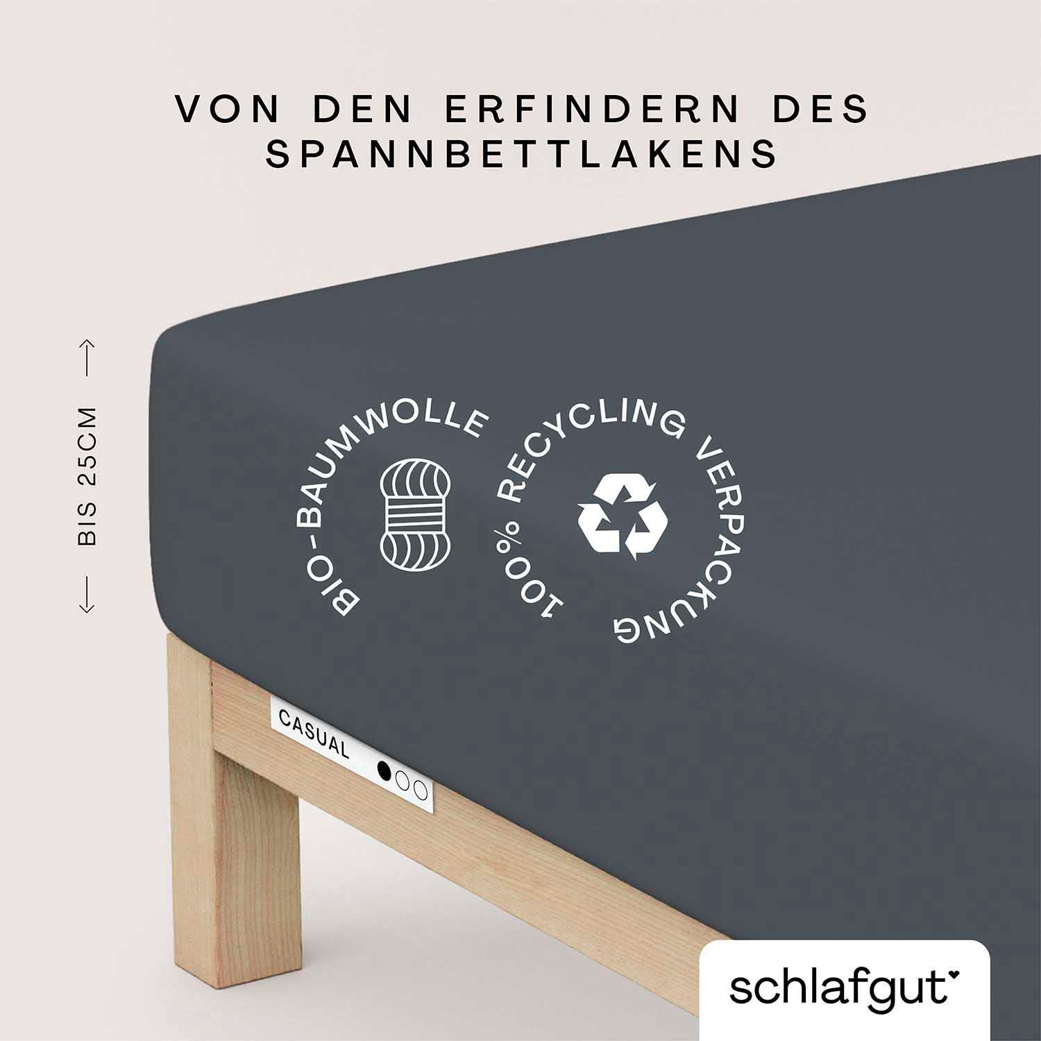 Schlafgut Spannbettlaken "CASUAL Bettlaken 100% gekämmte Bio-Baumwolle, 150 g/m², Spannbetttuch" Bettlaken bis 25 cm Höhe, langlebig, weich, Antipilling-Ausrüstung