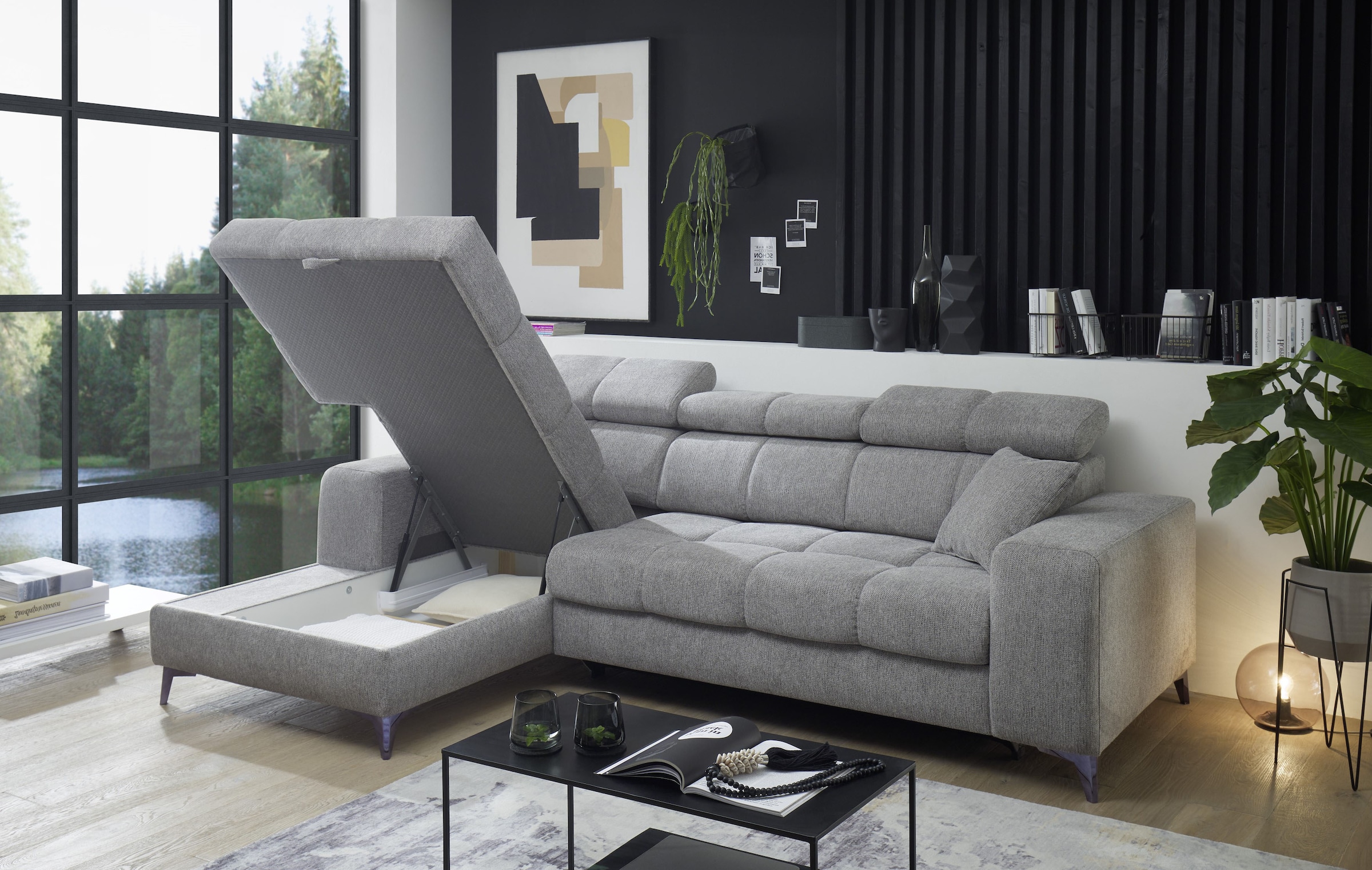 ED EXCITING DESIGN Ecksofa »Sydney L-Form mit Bettfunktion, Bettkasten, Kopfteilverstellung«, motorischer Sitztiefenverstellung, USB-Port & 2 Zierkissen