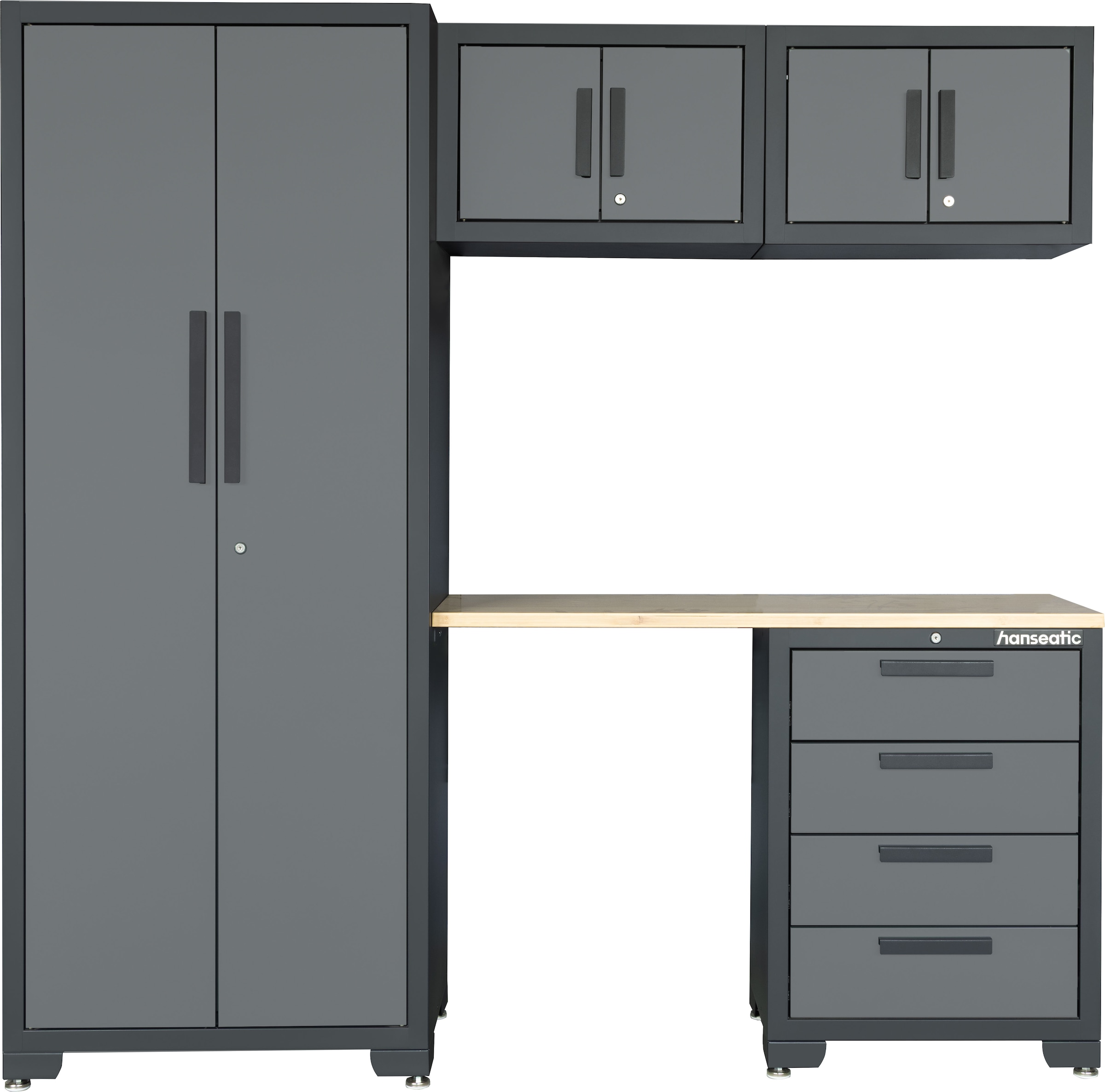 HANSEATIC Werkbank "Werkstattset Brisbane", B:195cm H:192cm L:195cm T:47cm, grau, Garage, Werkbänke, vormontiert, abschließbar, höhenverstellbar