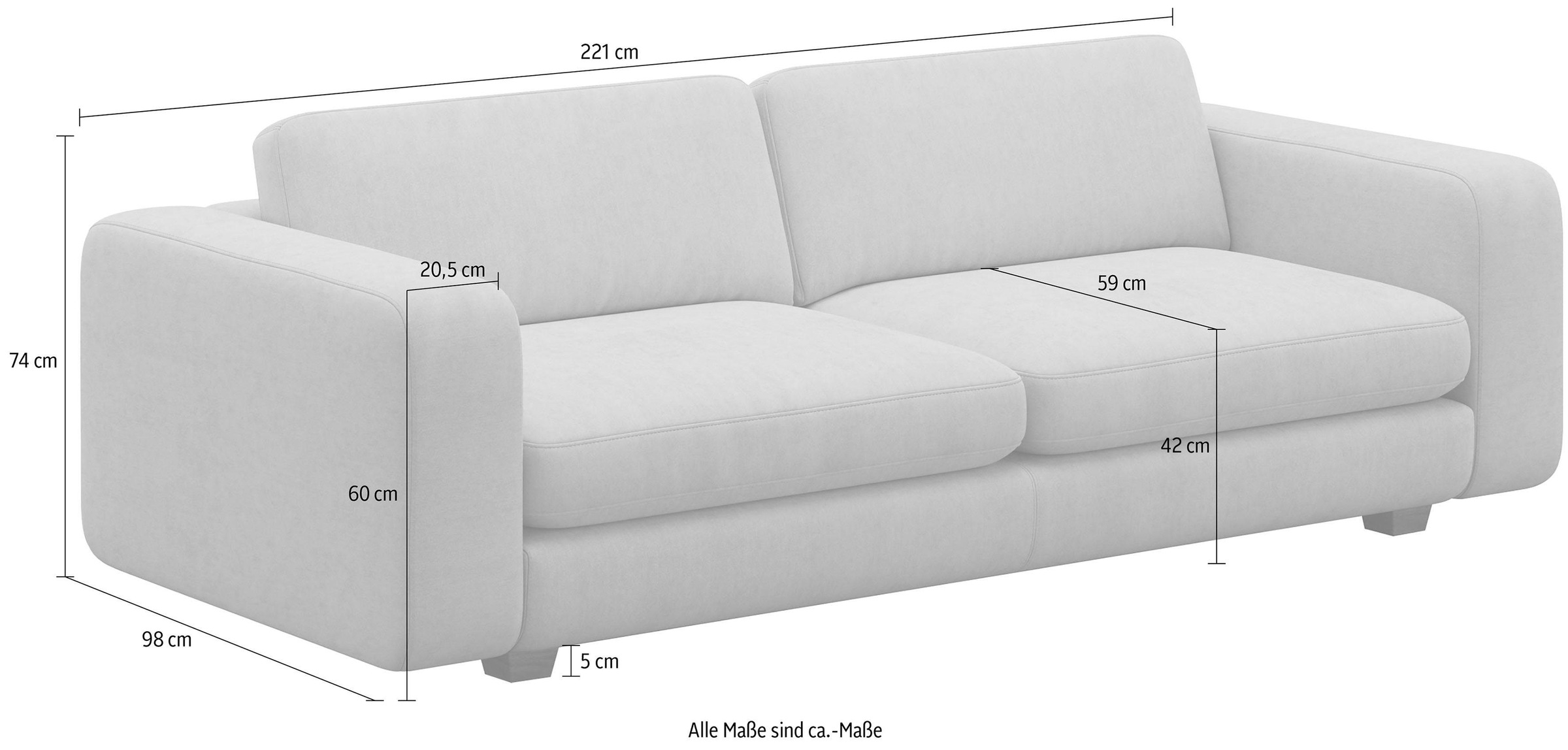 machalke® 3-Sitzer »valentino«, mit breiten Armlehnen, Füße Walnuss, Breite 221 cm
