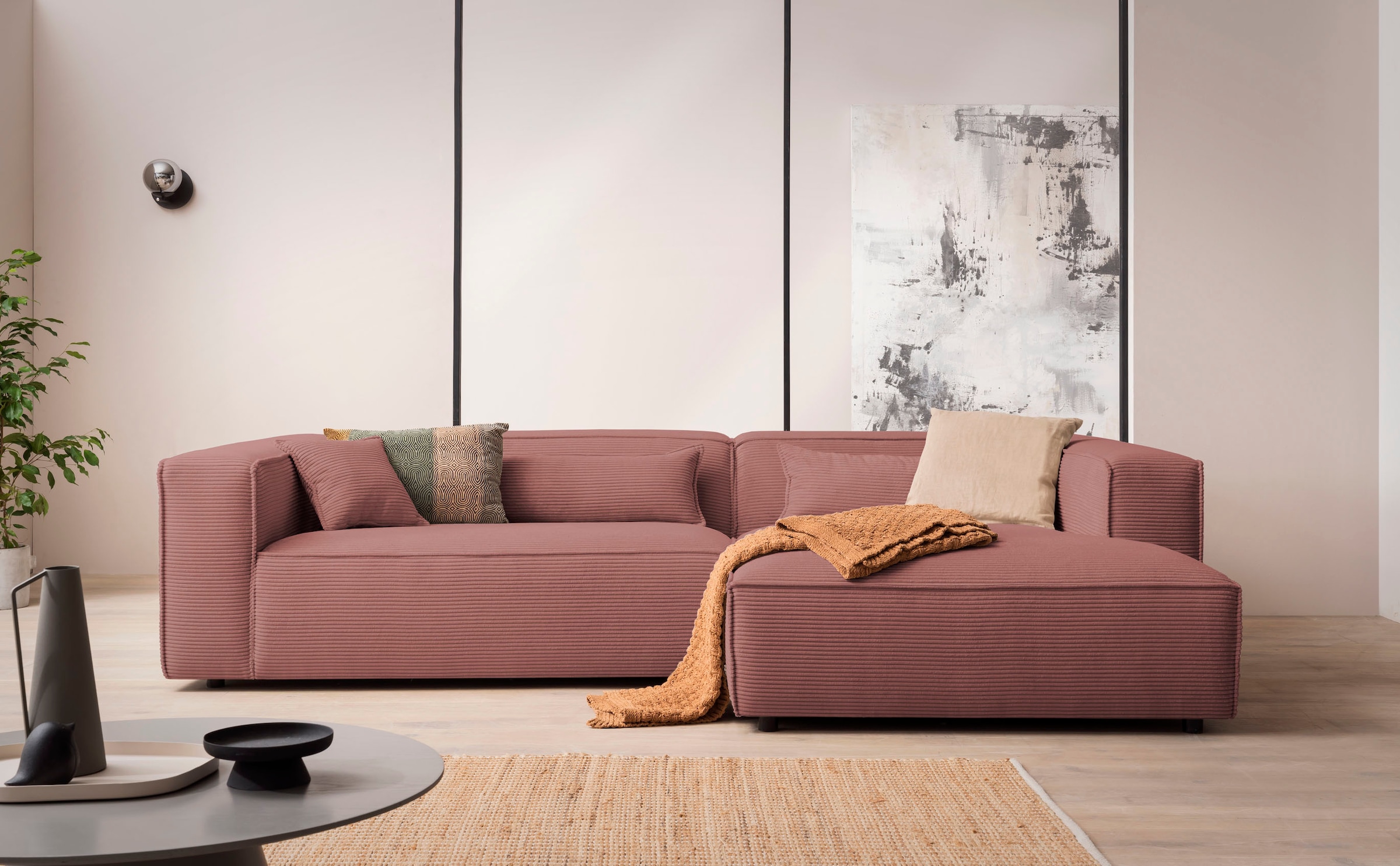 LeGer Home by Lena Gercke Ecksofa »PIARA XXL, Big-Sofa in Cord oder Leinenoptik, L-Form, mit Kedernaht«, wahlweise Ottomane rechts/links, schwarze Füße, extra tiefe Sitzfläche