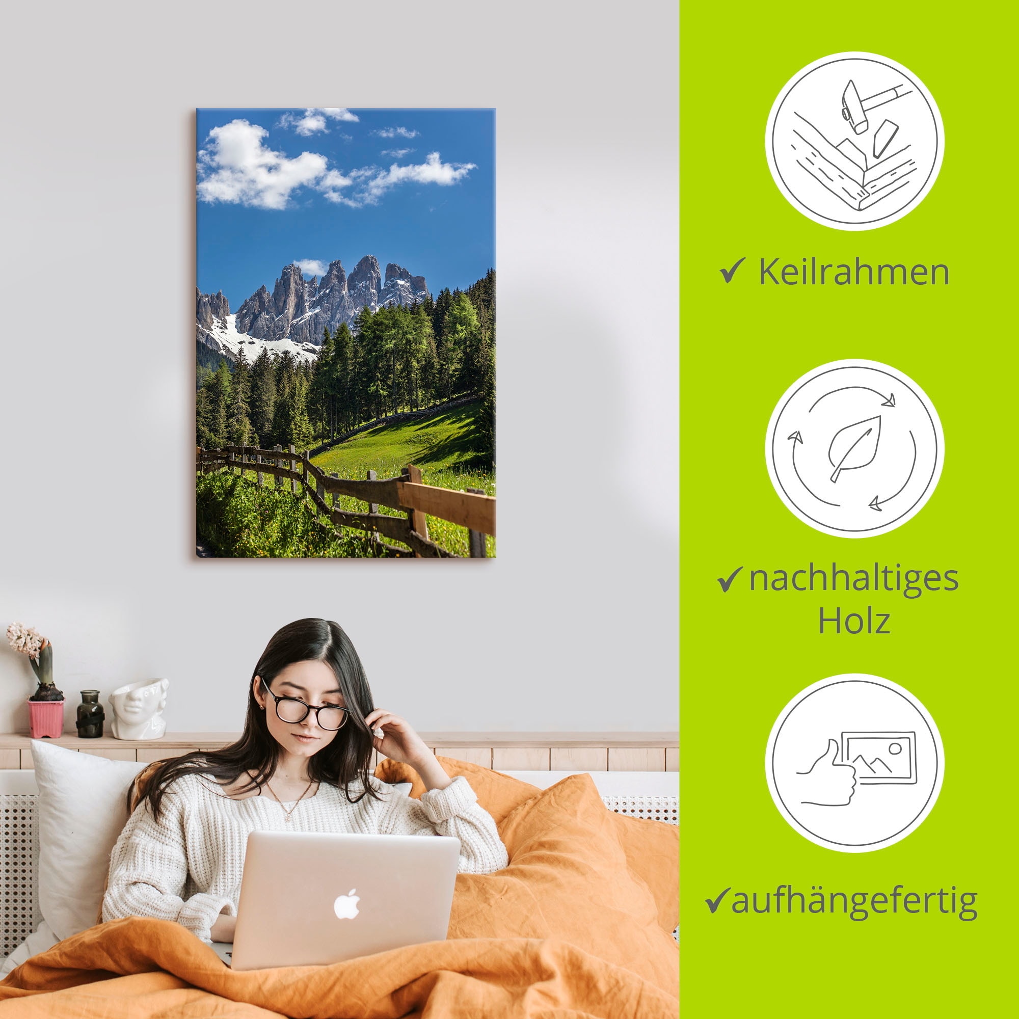Artland Wandbild »Villnösstal mit Dolomiten, Südtirol«, Berge & Alpenbilder, (1 St.), als Leinwandbild, Poster in verschied. Größen