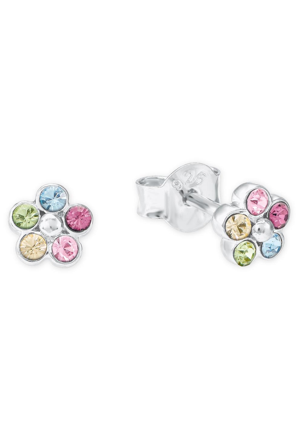 Paar Ohrstecker AMOR "Blüten", bunt (silberfarben, gelb, grün, pink, hellblau, rosa, gelb, grün, pink, hellblau, rosa), Ohrringe, Mädchen, 5mm, Silber 925 (Sterlingsilber), mit Kristallstein 2